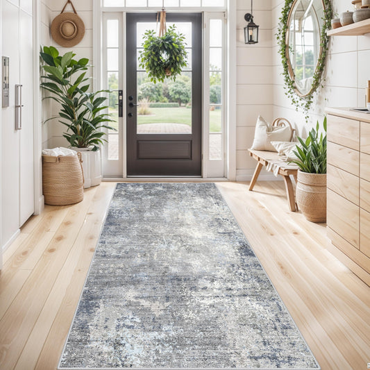 4x8 Washable Indoor Entryway Rug – Non-Slip Rubber Backed Floor Mat for Kitchen, Hallway, Bedroom – Modern Abstract Low-Pile Thin Wide Carpet Runner for Bathroom, Living Room, Office (Blue Grey, 4x8)