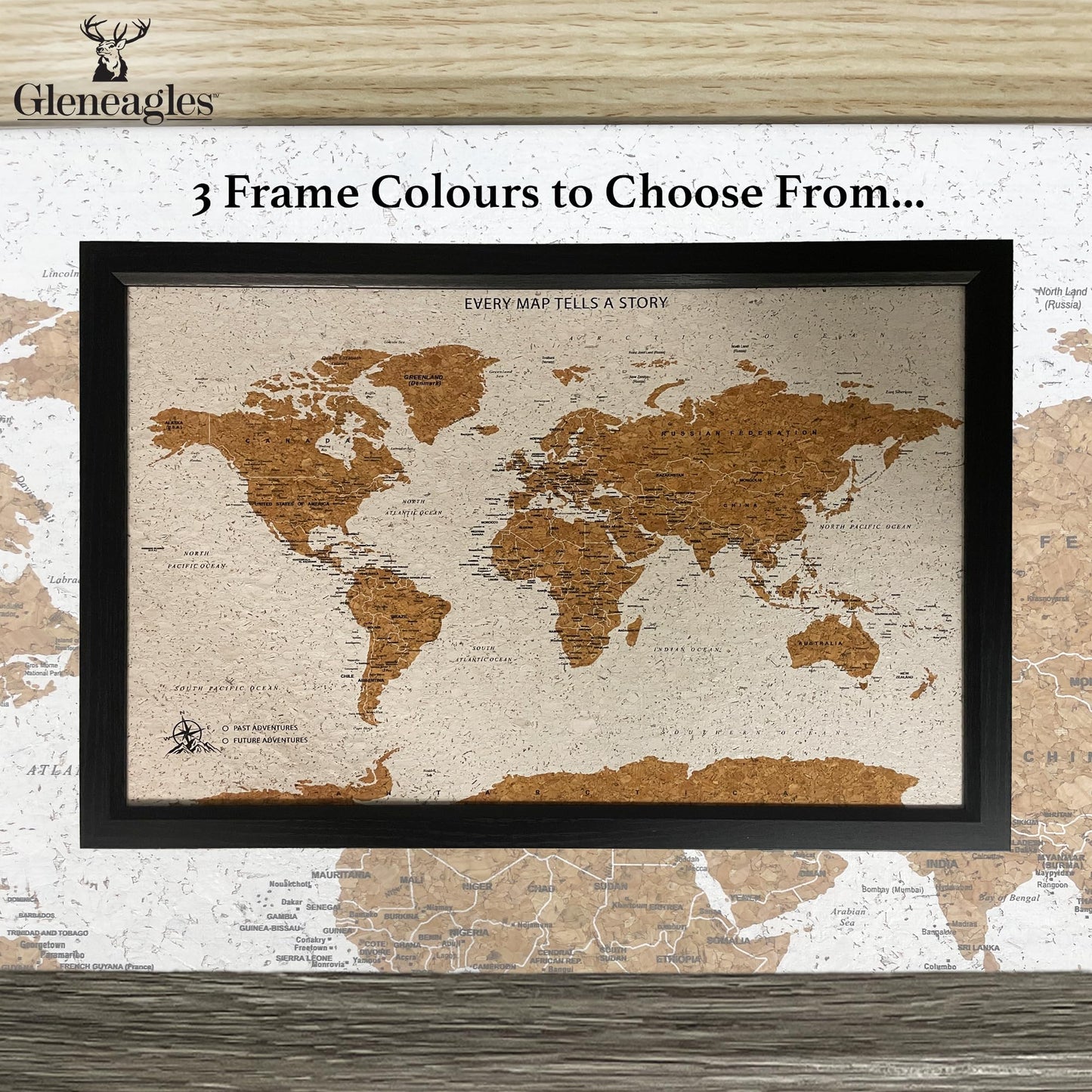 Gleneagles World Travel Map with Pins - Black Frame Cork Board 70 Push Pins Included 21.2''x14.2'' Home Office Wanderlust Decor Gift Present for Travelers Mark Past Future Adventure 3 Colours