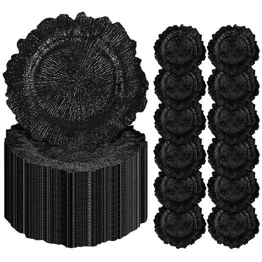 100Pcs Black Charger Plates Round 13inch, Reef Plate Chargers for Dinner, Bulk Plastic Floral Table Charger Plates for Dinner Wedding Party Event Table Setting Decoration(Black)