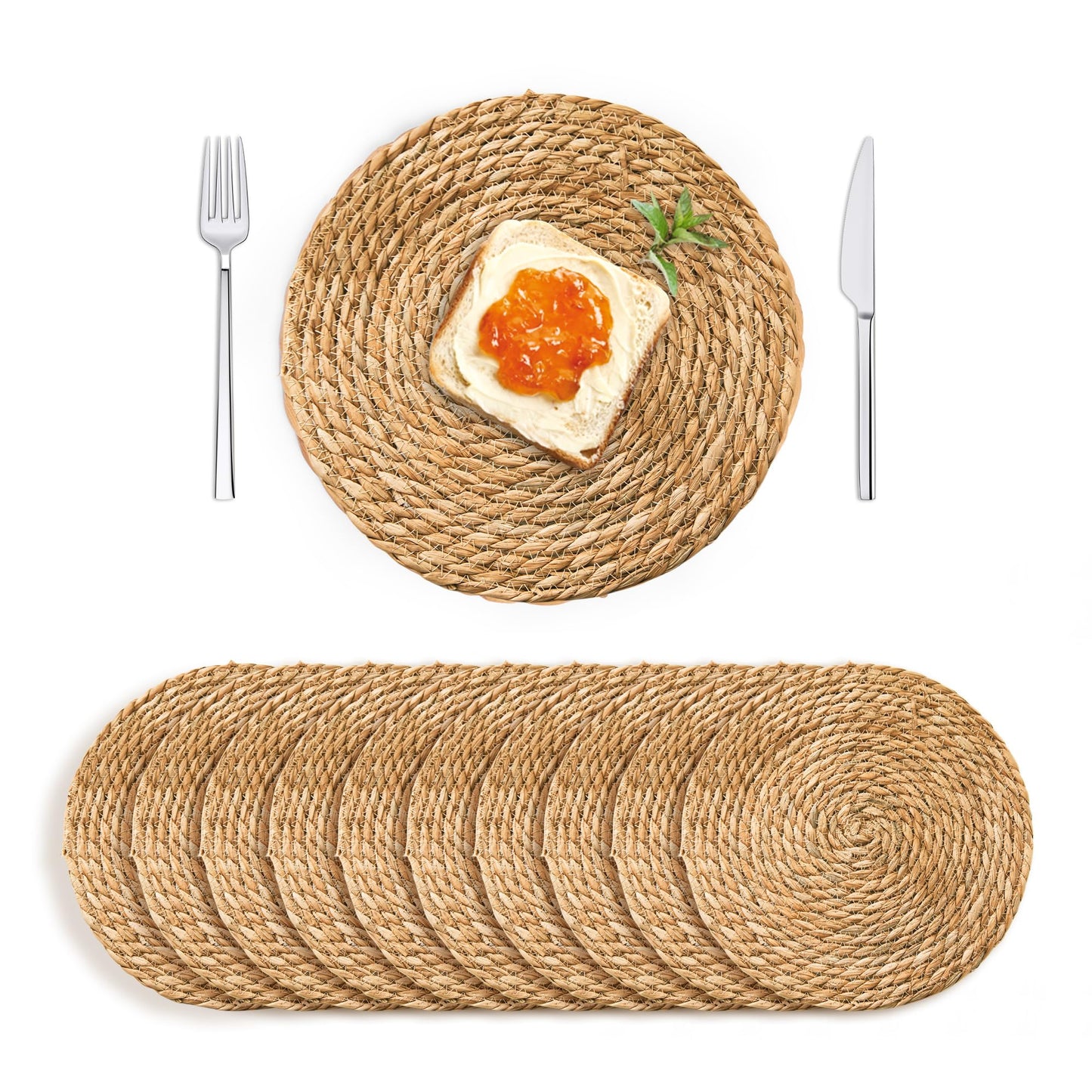 Defined Deco Woven Placemats Set of 10, 13.5" Round Rattan Placemats, Natural Hand-Woven Water Hyacinth, Farmhouse Weave Rustic Braided Wicker Table Mats for Dining Table, Home, Wedding