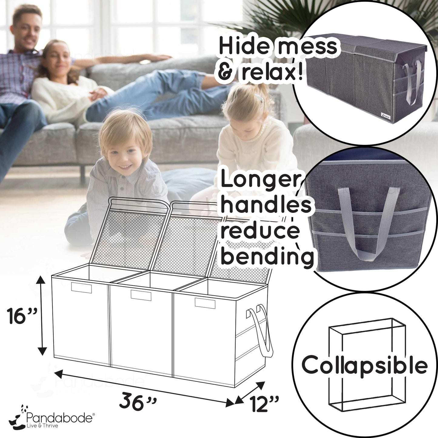 Pandabode Extra Large Toy Box - Big Toy Box - Sturdy Extra Large Toy Storage Organizer with Pockets - Extra Large Toy Chest 36 x 16 x 12 in - Black