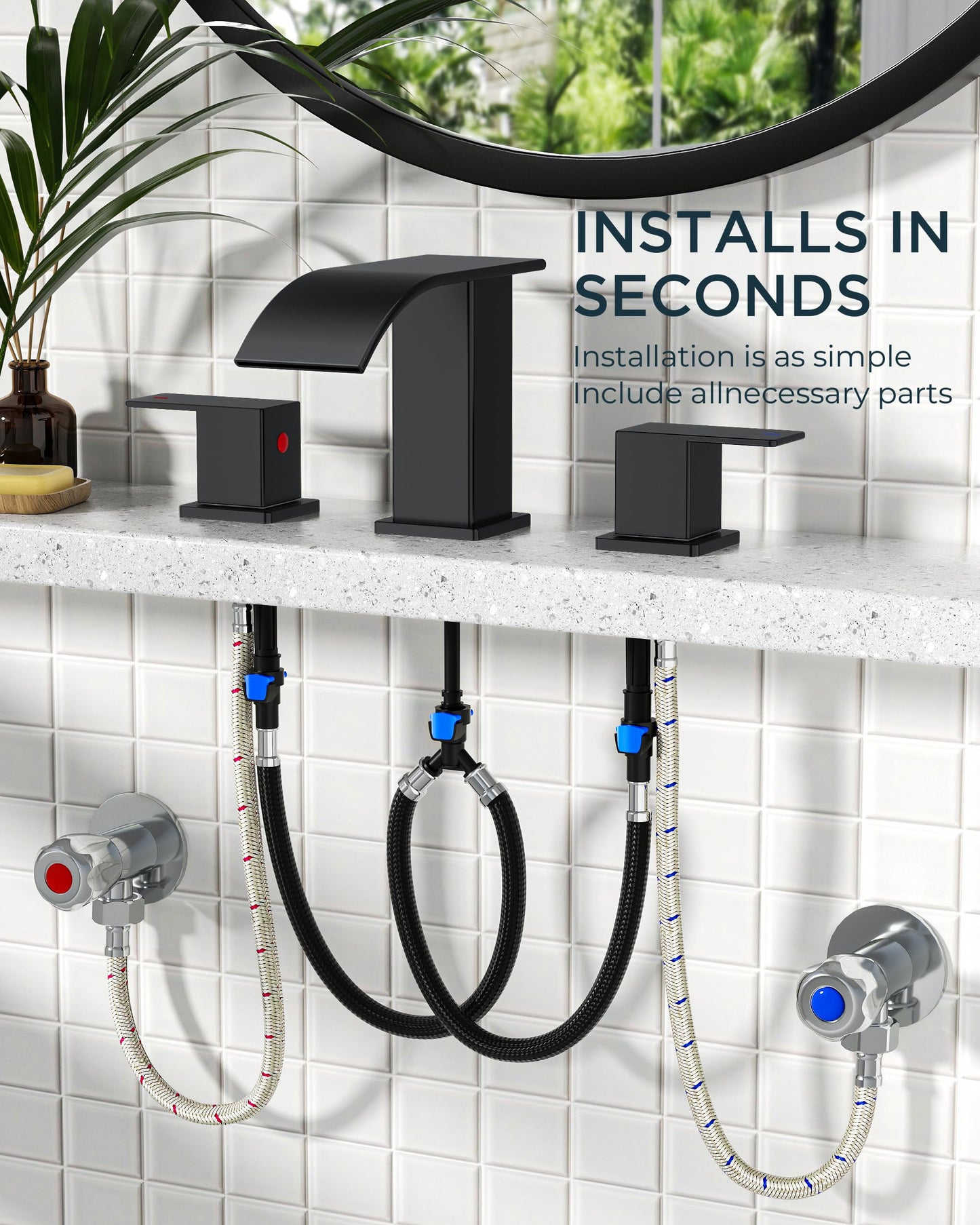 FORIOUS Square Matte Black Bathroom Faucets 3 Hole, Waterfall 8 Inch Widespread Bathroom Sink Faucet with Metal Pop-up Drain and Supply Lines, Two Handles for Vanity, RV, Farmhouse