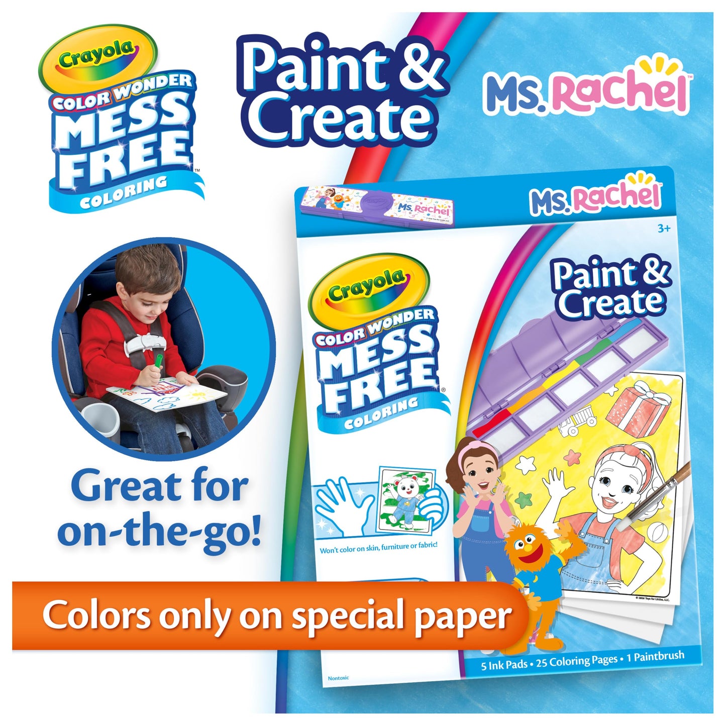 Crayola Color Wonder Paint & Create Set - Ms. Rachel, Mess-Free Painting Kit for Kids, 25 Coloring Pages, 5 Ink Pads & Paint Brush, Gift for Toddlers, Ages 3+