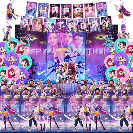 AIXPROBEAD Demon Hunters Birthday Decorations, Party Supplies Set Include Banner, Backdrop, Balloons, Hanging Swirls, Cake Cupcake Toppers, Tablecloth for Boys Girls Kpop Theme Party
