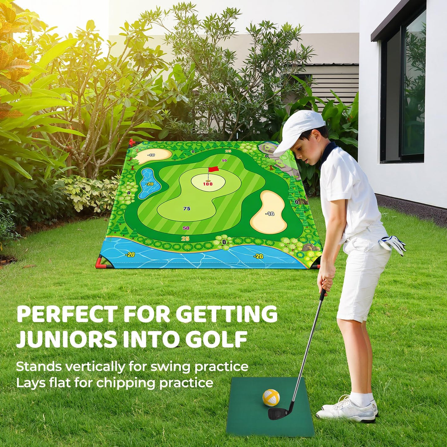 DyBaxa Golf Chipping Game - Golf Battle Game for Kids, 54*54 Golf Target Mat with 16 Sticky Balls, 8 Bean Bag, 6 Axe, 2 Soccer, Perfect for Family Fun, Outdoor Lawn, Poolside, Backyard Party Activity