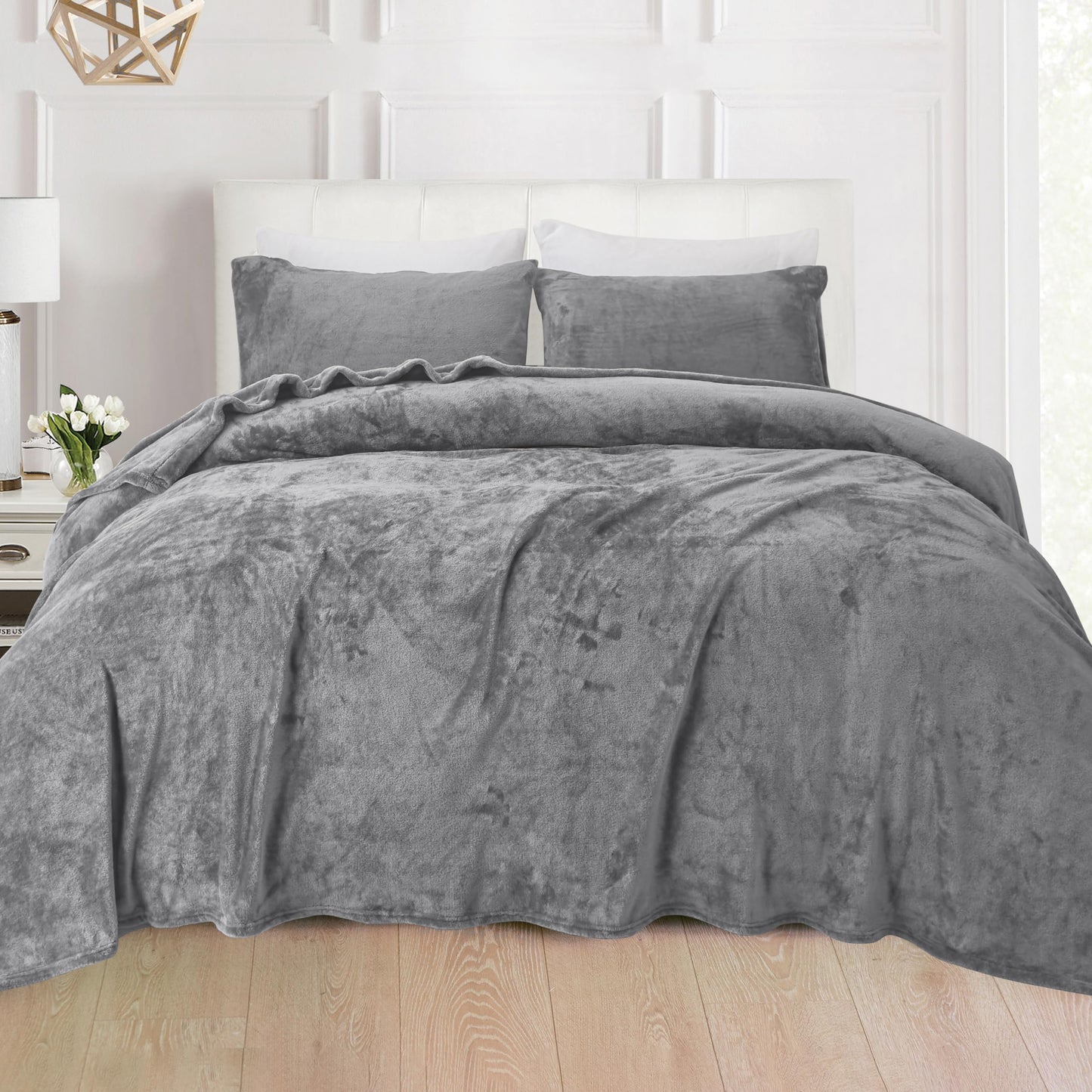 Elegant Comfort Luxuriously Soft 4-Piece Velvet Plush Flannel Sheet Set - Premium Quality - Cozy Warm, Anti-Static, Non Pilling Fuzzy Velvet Flannel Fleece Deep Pocket Sheet Set - Cal King, Gray