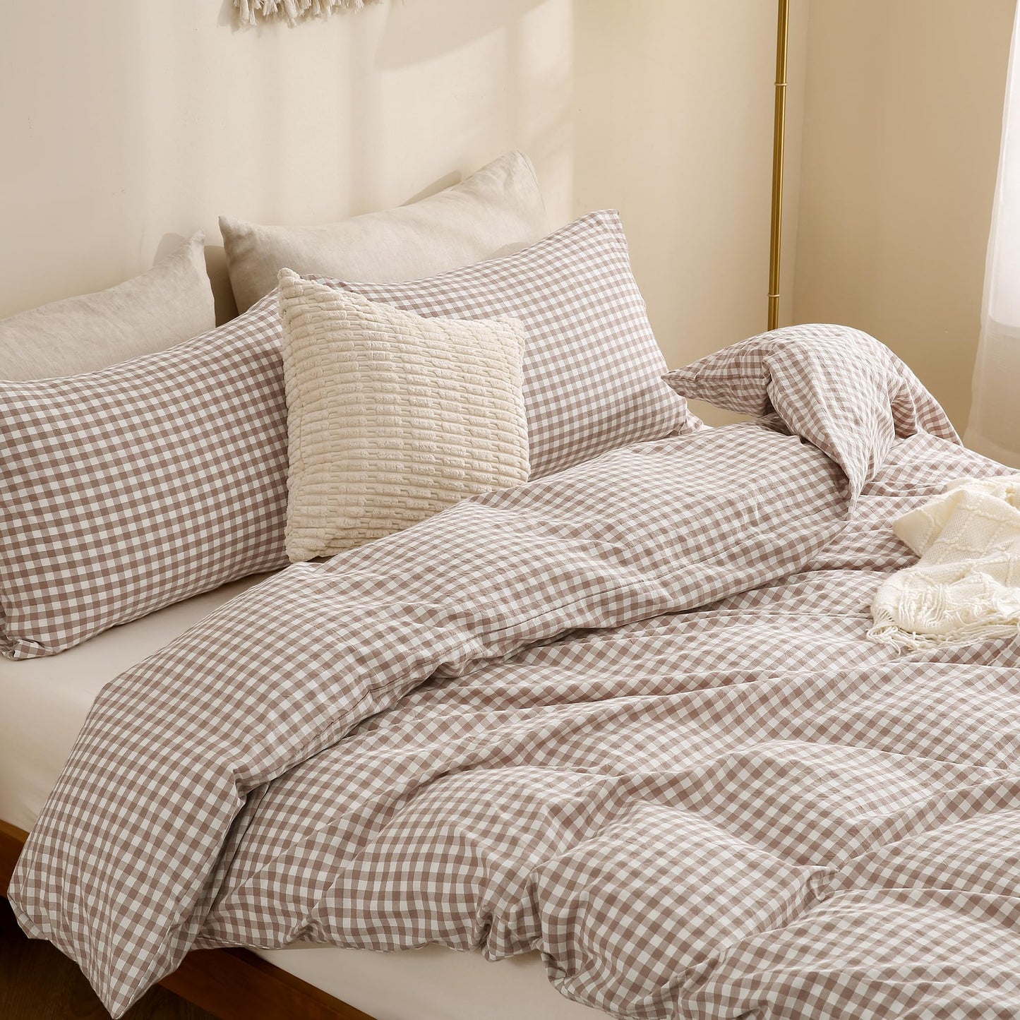 TOCOMOA Tan Gingham Duvet Cover Bedding Set 100% Washed Cotton Like Linen Feel Super Soft Comfy 3 Piece Brown Vintage Plaid Checkered Fall Comforter Cover Set (King 104"x90", Comforter Not Included)