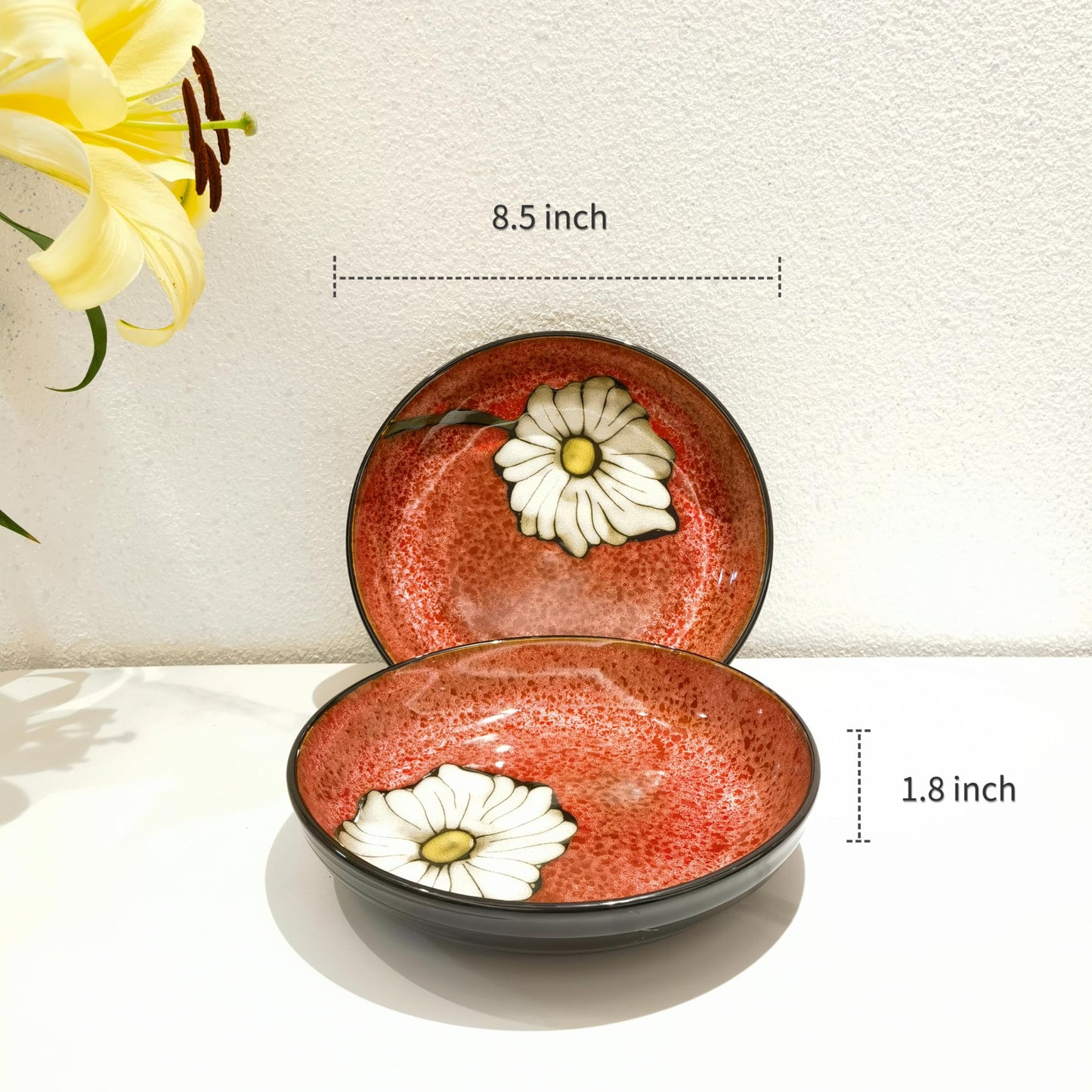 Ceramic Deep Plates For Kitchen, 8.5 in - Plates Set of 4 - For Steak,Salad, Pasta,Appetizer, Serving etc - Dishwasher, Microwave, and Oven Safe - For Breakfast, Lunch and Dinner (Red+Blue+Pink+Green)