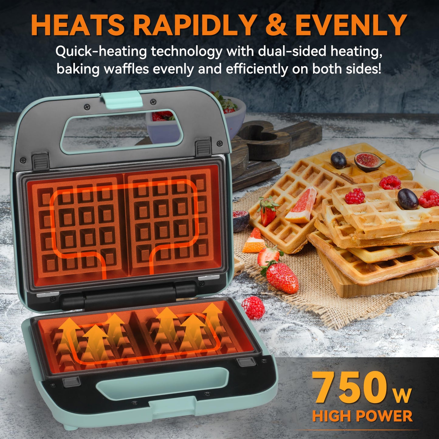 Baker’s Friend 3 in 1 Mini Waffle Maker with Removable Plates, Mini Pancake Maker, Grilled Cheese Maker, Breakfast Sandwich Maker Press, Indoor Grill, Belgian Waffle Maker, Aqua