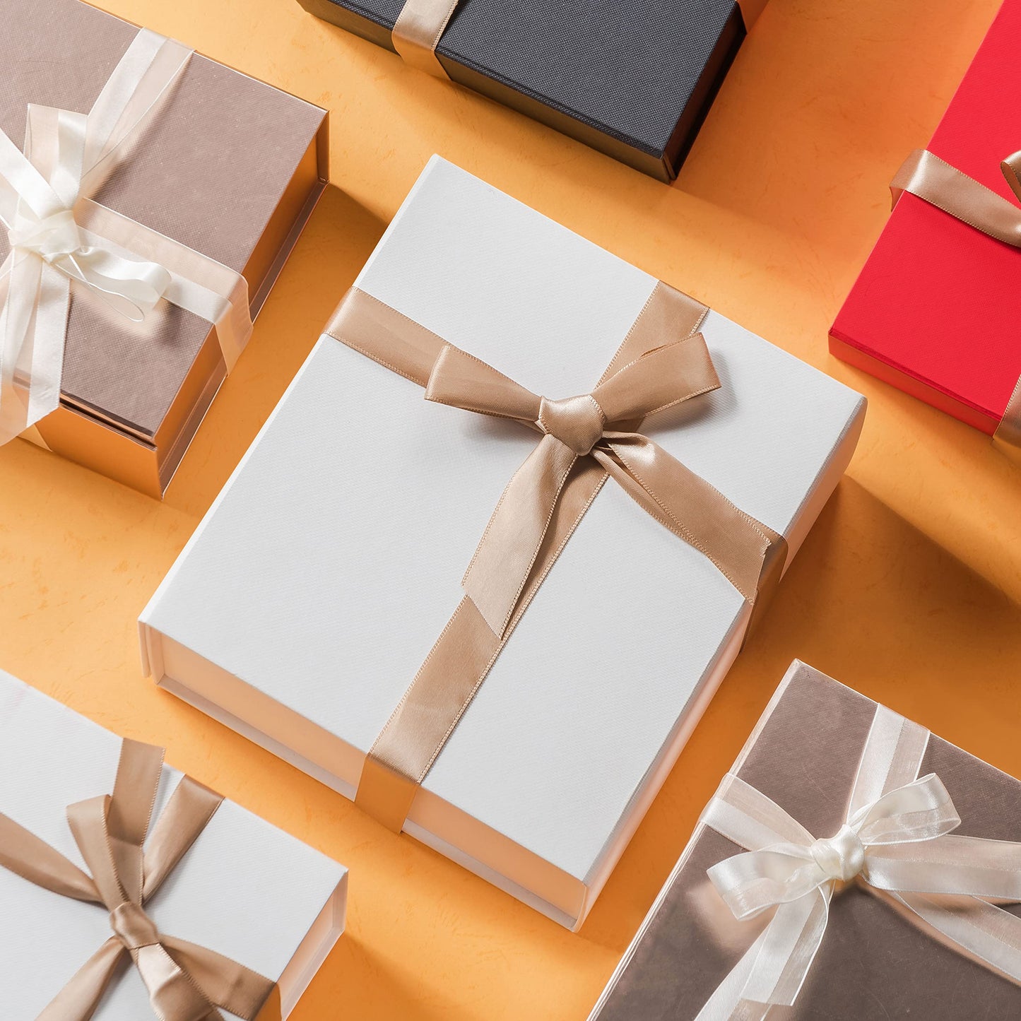 LIFELUM Christmas Gift Boxes with Lids for Presents 5 Pack White Gift Boxes 13.85 x 8.35 x 4.45 inch Large Gift Box Contains Card,Sticker,Ribbon, Shredded Paper Filler for Anniversary, Weeding Gifts