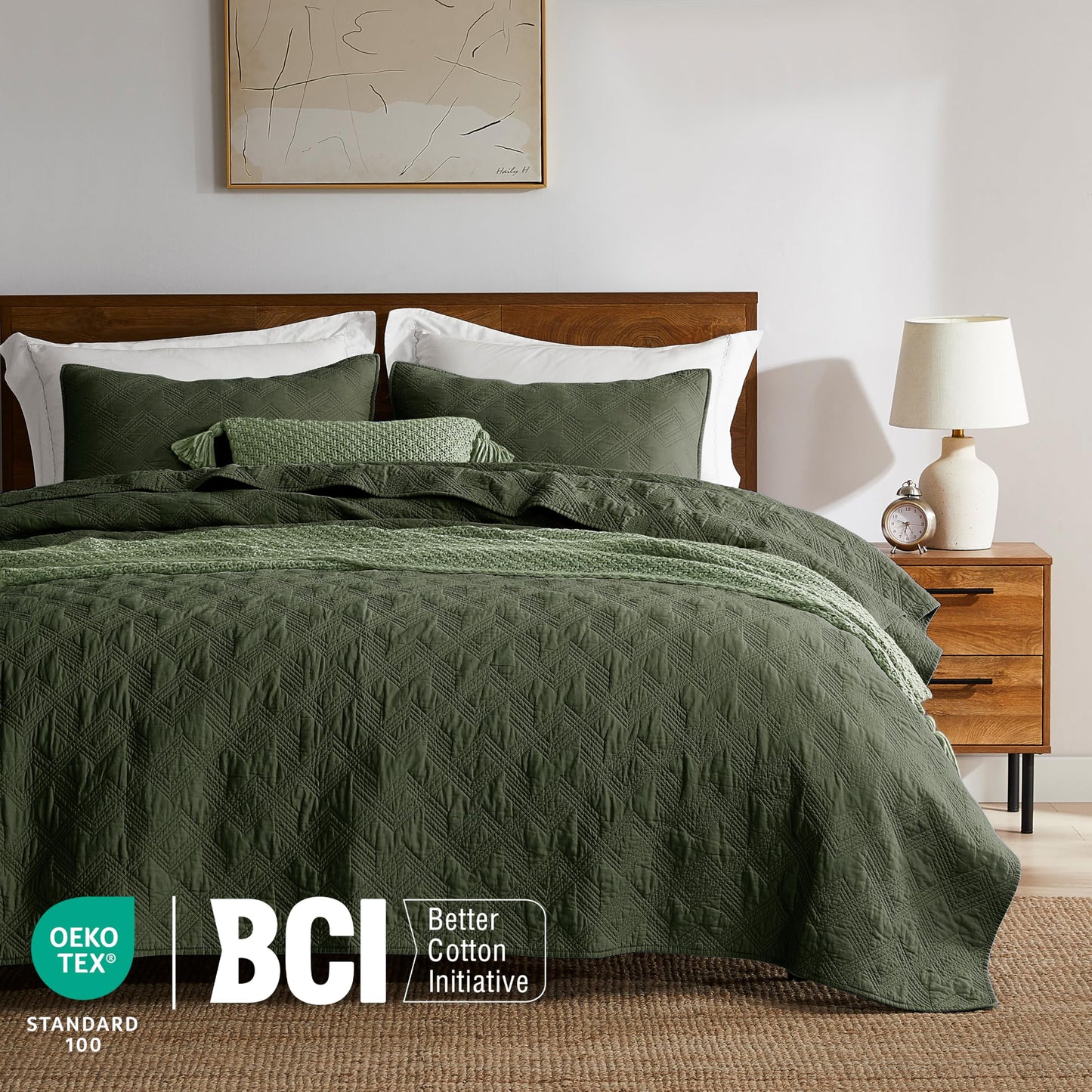 WDCOZY 100% Cotton Queen Size Quilt Set - Olive Green Pre-Washed Soft Lightweight Modern Bedspread, Farmhouse Country Rustic Coverlet, Textured Like Linen, Shabby Chic Gauze Bedding, 3 Pieces