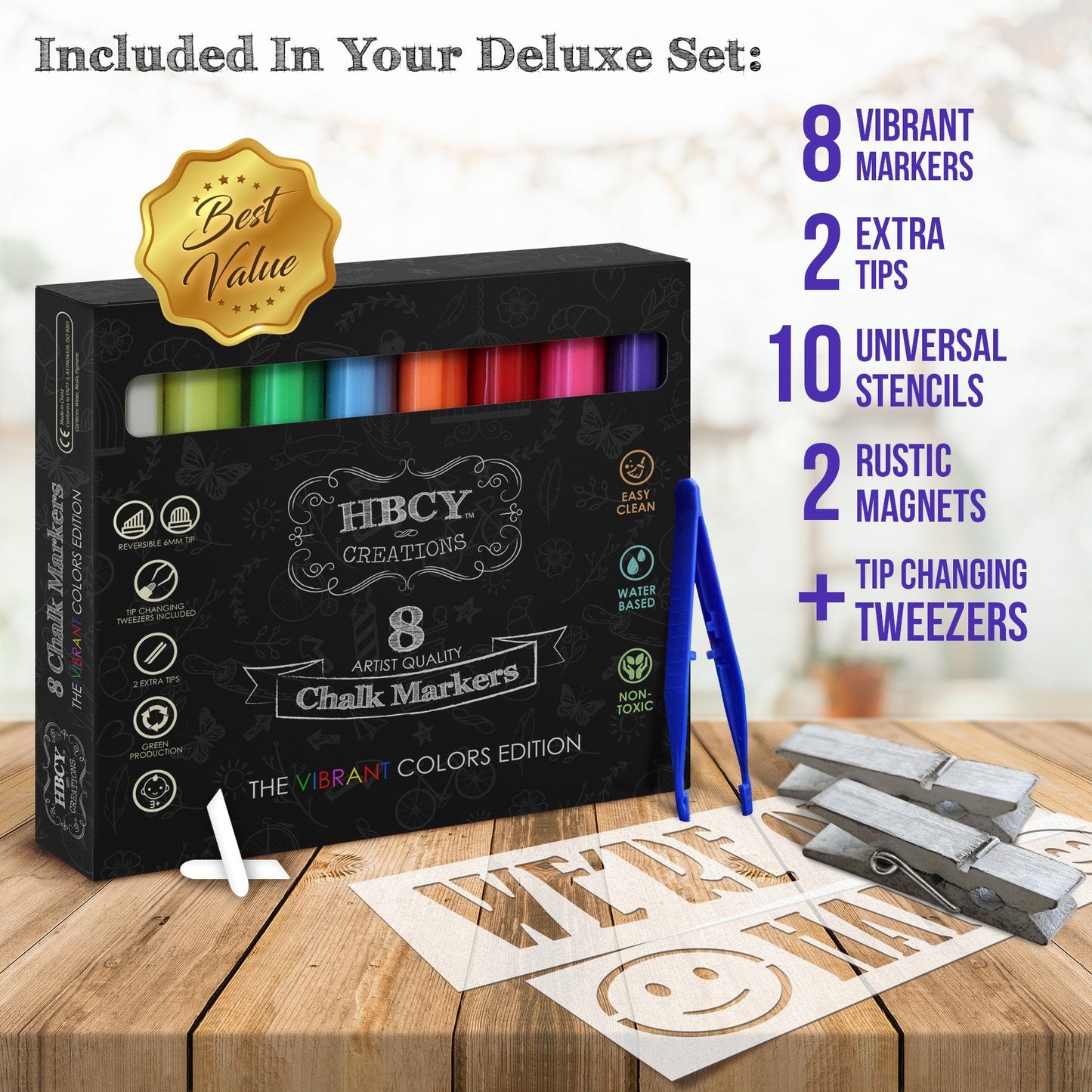A Frame Chalkboard with Chalk Markers by HBCY Creations: 40x20 Solid Wood A-Frame Sign Whitewash Double-Sided Magentic Menu Board, Deluxe Set Includes 8 Chalk Markers, 10 Stencils, 2 Magnets