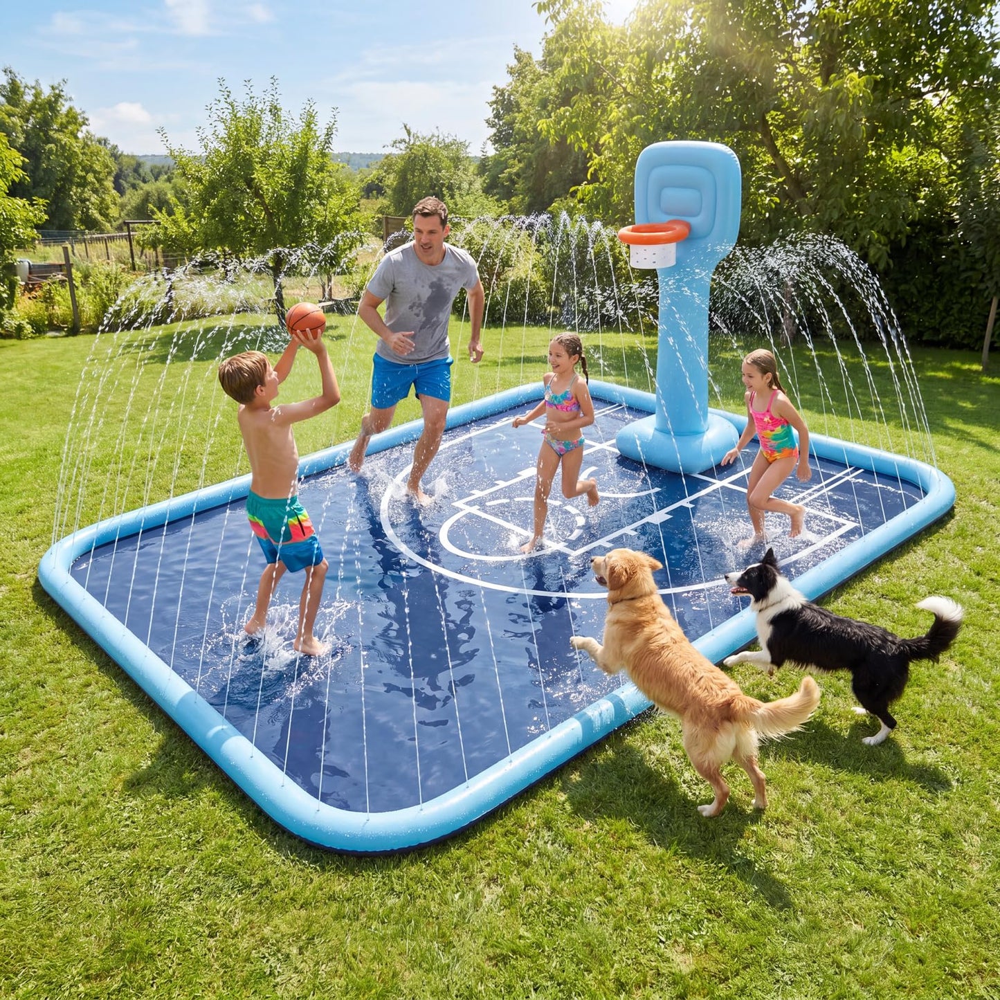 Qmioti 3-in-1 Splash Pad for Kids & Dogs, 138 x 118'' Large Sprinkler Pad with Basketball Hoop, Foldable Play Mat, Pool Summer Outdoor Water Toy