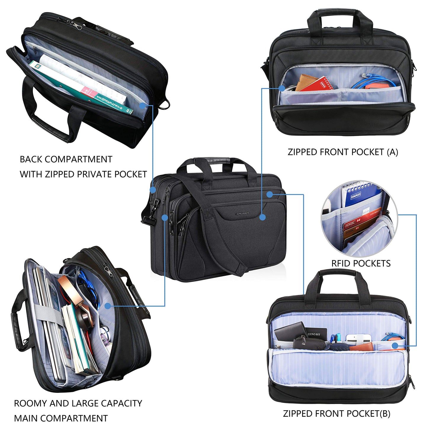 KROSER Laptop Bag Premium Laptop Briefcase Fits Up to 17.3 Inch Laptop Expandable Water-Repellent Shoulder Messenger Bag Computer Bag for Travel/Business/Men/Women-Black