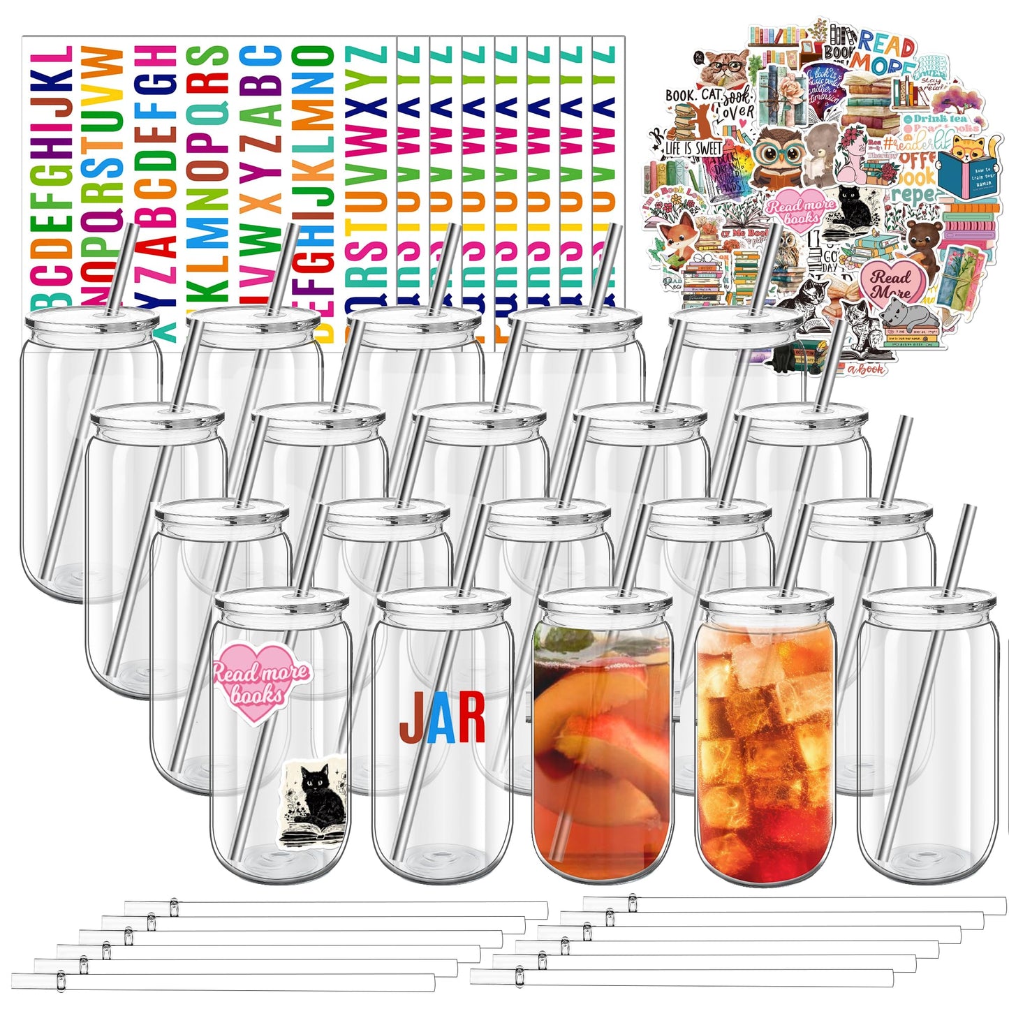 16 oz Clear Plastic Cups Reusable with Lids and Straws & DIY Sticker, 20Pack Acrylic Mason Jars Iced Coffee Drinking Glasses Cup for Park Picnic, Poolside, Party Giveaways