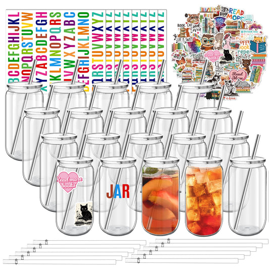 16 oz Clear Plastic Cups Reusable with Lids and Straws & DIY Sticker, 20Pack Acrylic Mason Jars Iced Coffee Drinking Glasses Cup for Park Picnic, Poolside, Party Giveaways