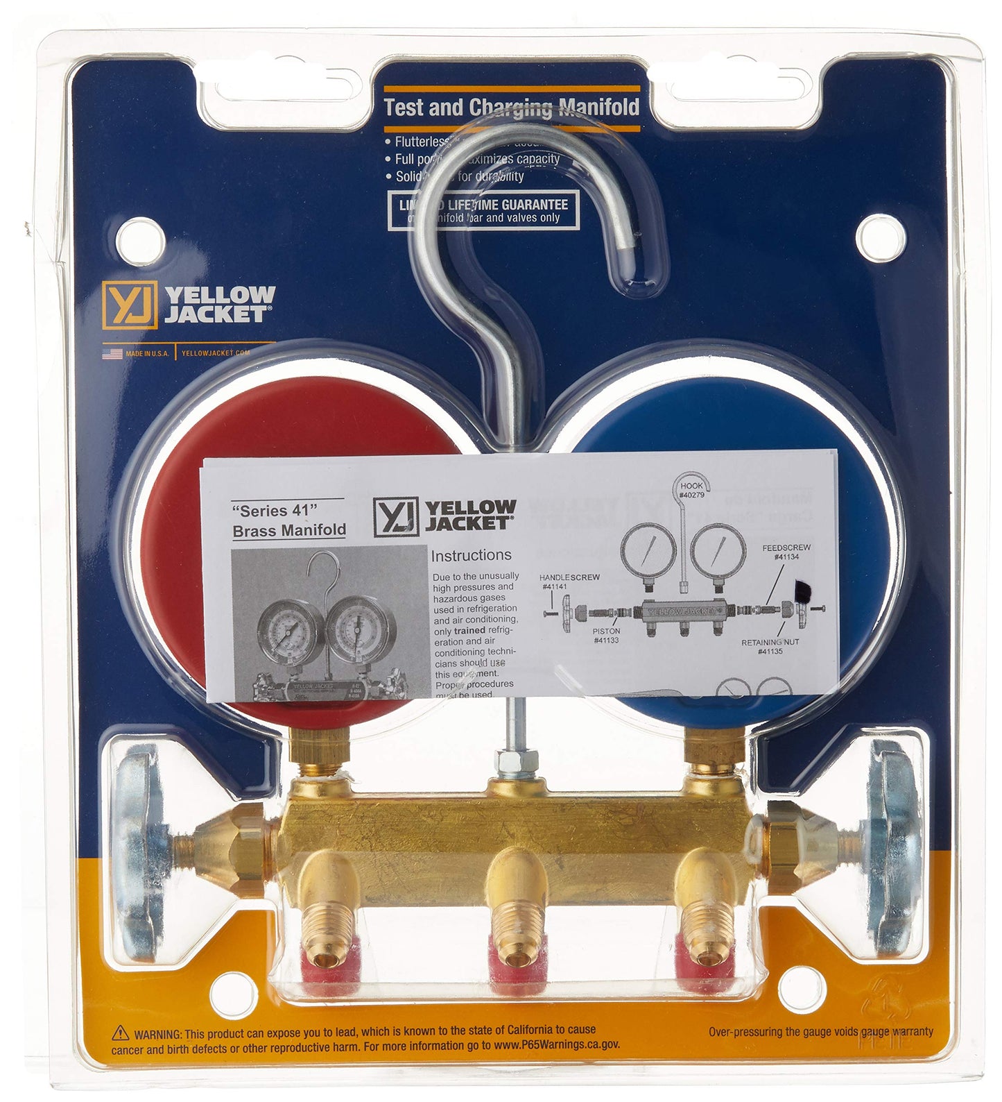 Yellow Jacket 42001 Manifold with 3-1/8" Color-Coded Gauges, psi, R-22/404A/410A (Clamshell)