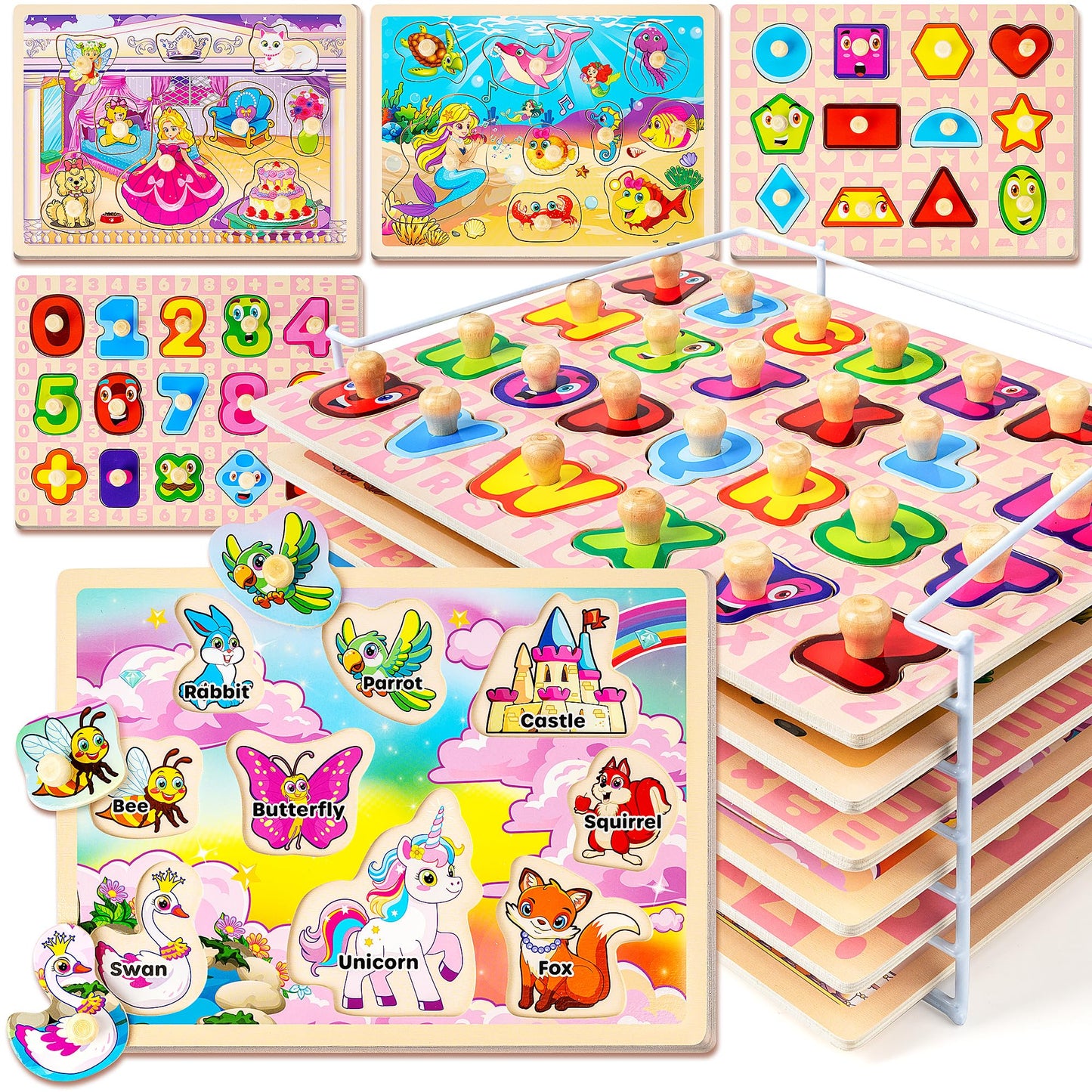 SYNARRY Wooden Puzzles for Toddlers 1-3, 6XSET Toddlers Puzzles Ages 1-3 with Rack, Learning Alphabet Number Shape Unicorn Princess Mermaid Animal, Christmas Toys Gifts for 1 2 3 Years Old Girl Gifts