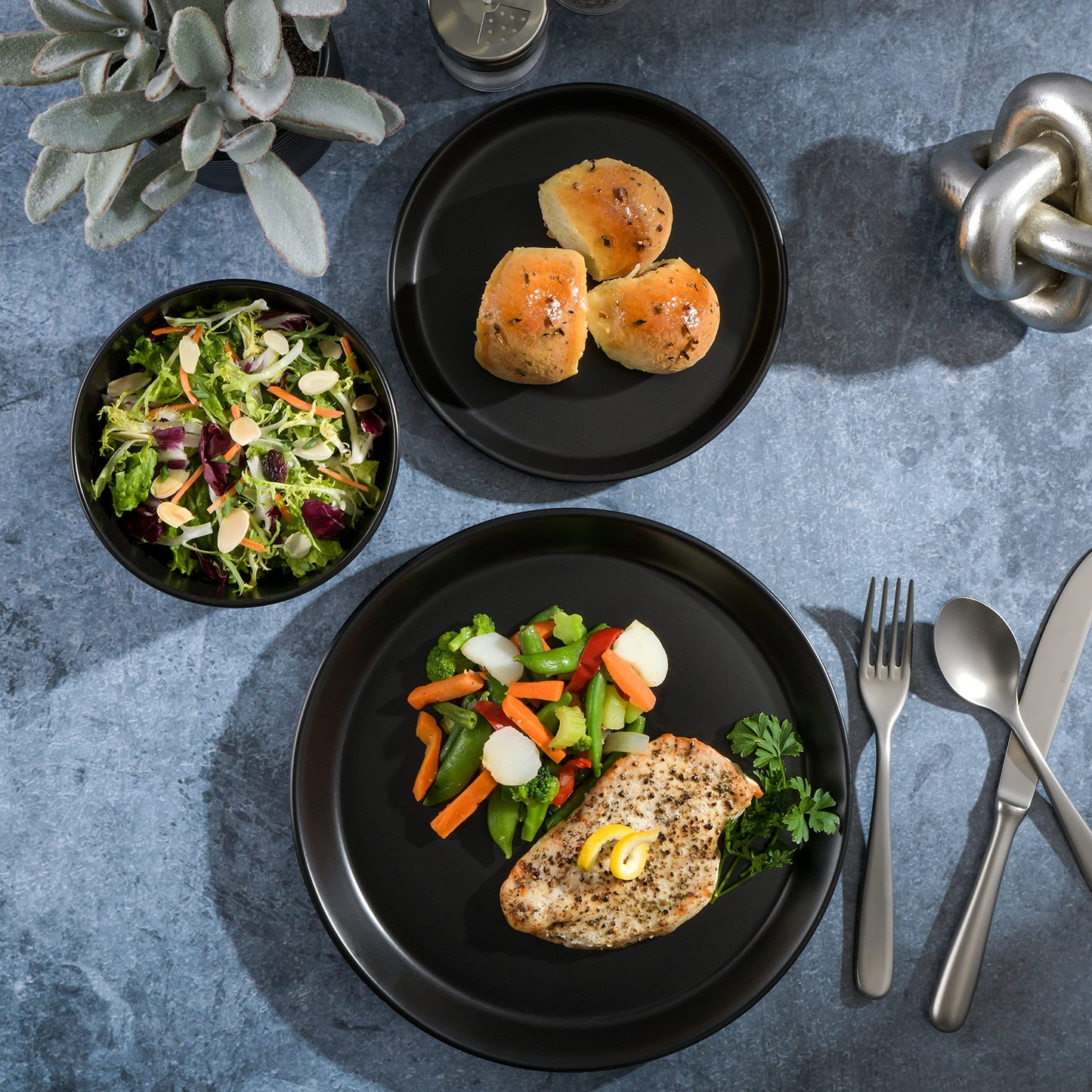Gibson Soho Lounge Sofia Coupe 12-Piece Stoneware Dinnerware Set, Service for 4 – Black Plates and Bowls