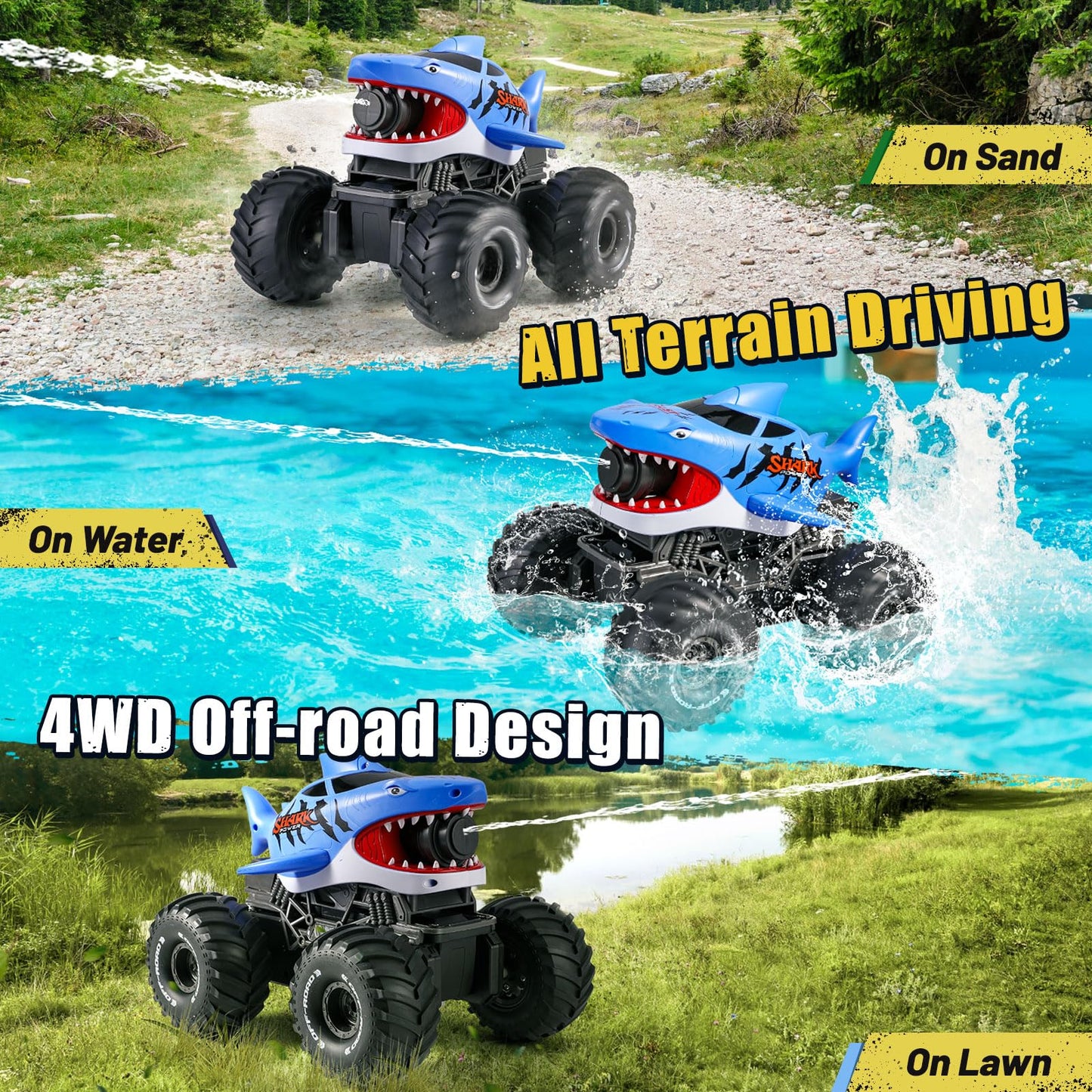 BOBXIN Amphibious Remote Control Shark Monster Truck with Water Squirt,4WD All-Terrain Off-Road 2.4Ghz Waterproof RC Stunt Car Pool Water Toys for Kids Age 6+