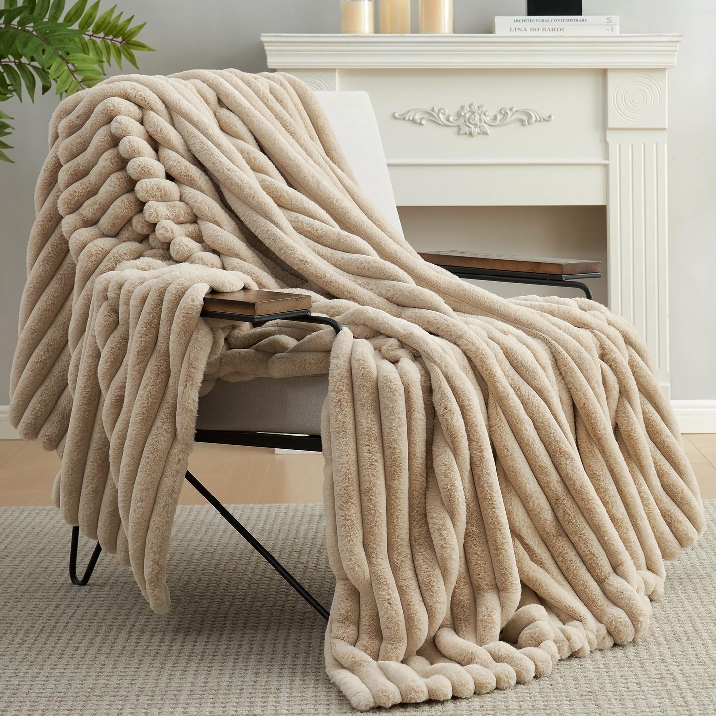 Amélie Home Faux Fur Throw Blanket for Couch, Cozy Fuzzy Fluffy Fur Luxurious Soft Striped Plush Gift Blankets for Family Sofa Chair, 60"x80", Beige