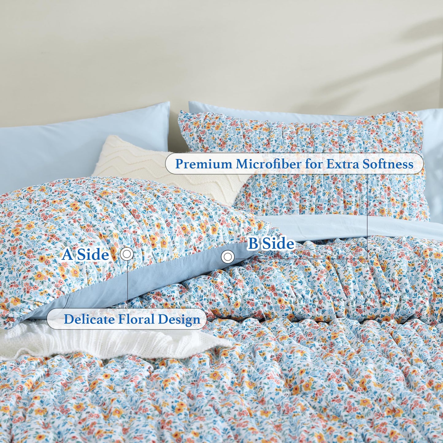 BLOOMHAVEN Full Size Comforter Sets-7 Pieces Puff Marigold Blue Floral Bedding Set for All Seasons, Shabby Chic Farmhouse Bed in a Bag Full with Floral Comforter, Sheets, Pillowcases & Shams