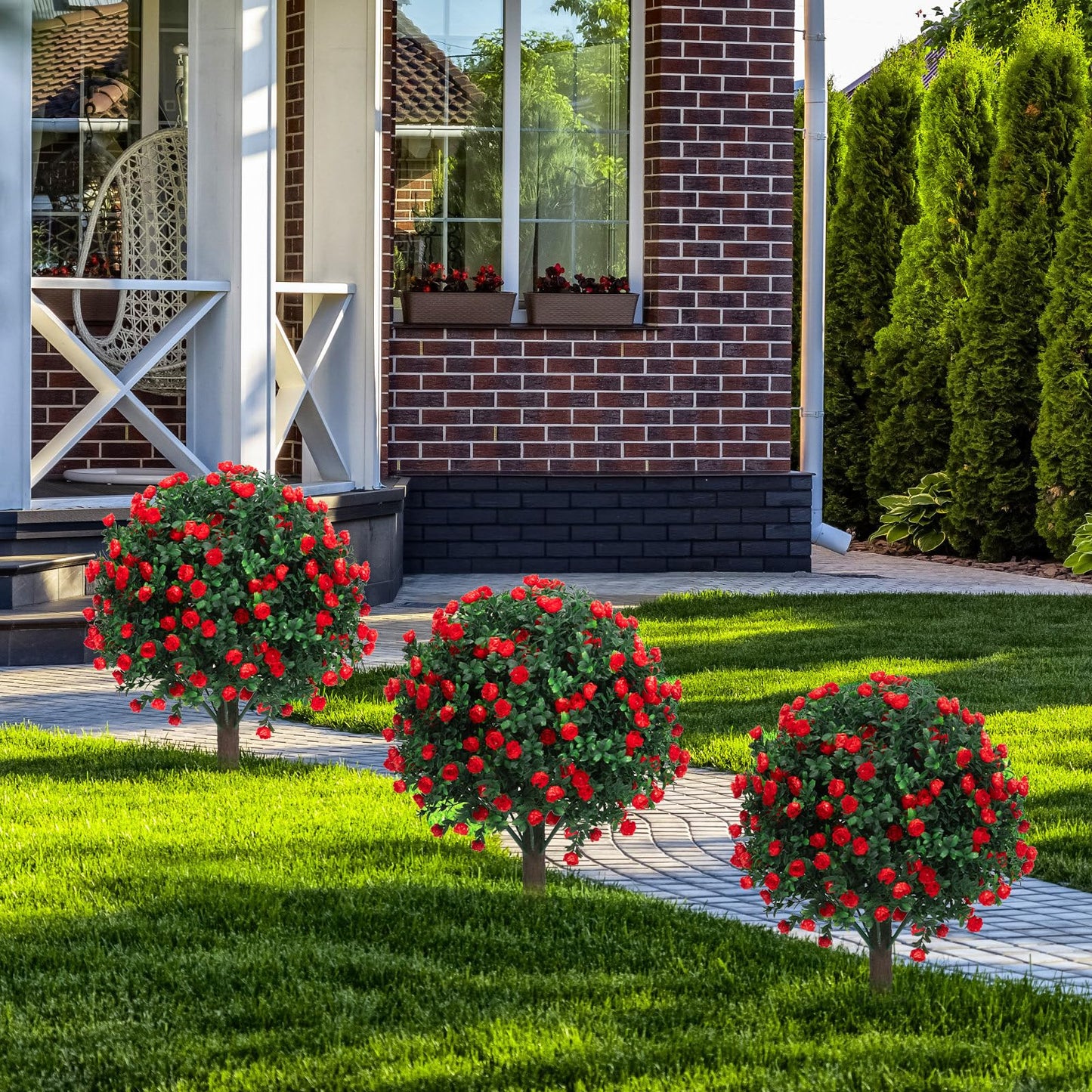 Set of 2 Artificial Boxwood Topiary Ball Trees with Red Flowers for Outdoor with Ground Spike 22", UV Resistant Faux Greenery Shrubs, Fake Plants for Garden, Yard, Porch, Patio Valentine's Day Decor