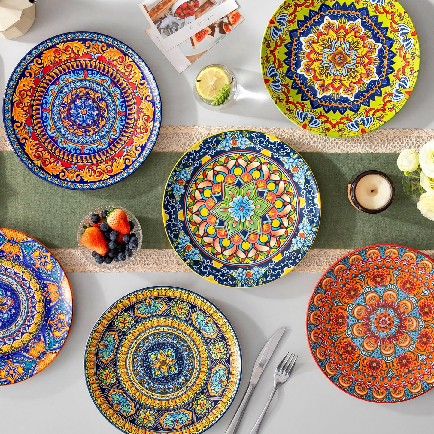 vancasso Colorful Dinner Plates Set of 6, 10.5 Inch Ceramic Kitchen Plates for Dinner, Bohemian Printed Dishes for Dining, Microwave & Dishwasher Safe Plate Set, Series KRVI