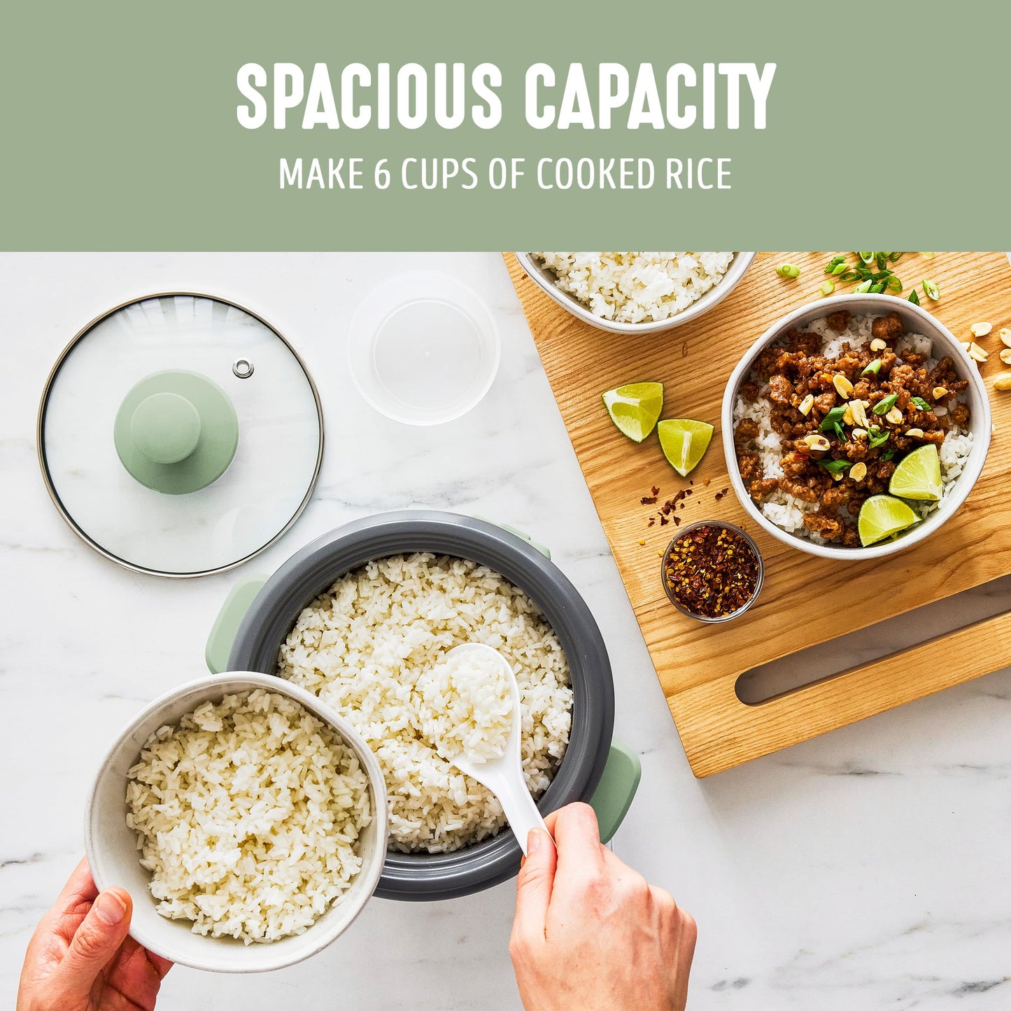 GreenLife Rice Cooker with Removable PFAS-Free Ceramic Nonstick Pot, 3-Cups Uncooked/6-Cups Cooked, Grains & Oatmeal Multicooker, Compact One-Switch Design, Auto Keep Warm, Easy Clean, Sage Green