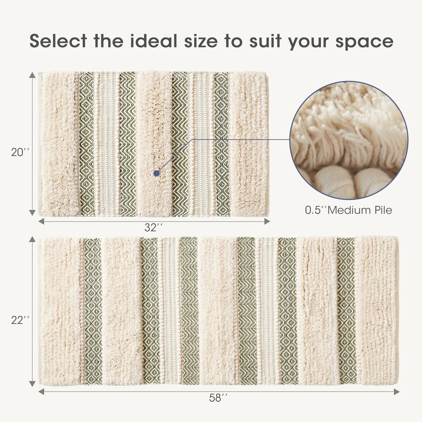 Ink+Ivy Bath Rug Hand-Woven Texture Shaggy Striped Soft & Water Absorbent, Boho Bathroom Décor Bath-Mats, Non-Slip Absorbent Quick Dry Mats for Tub, Shower Room, Asher, 20x32, Sage Green 1 Piece