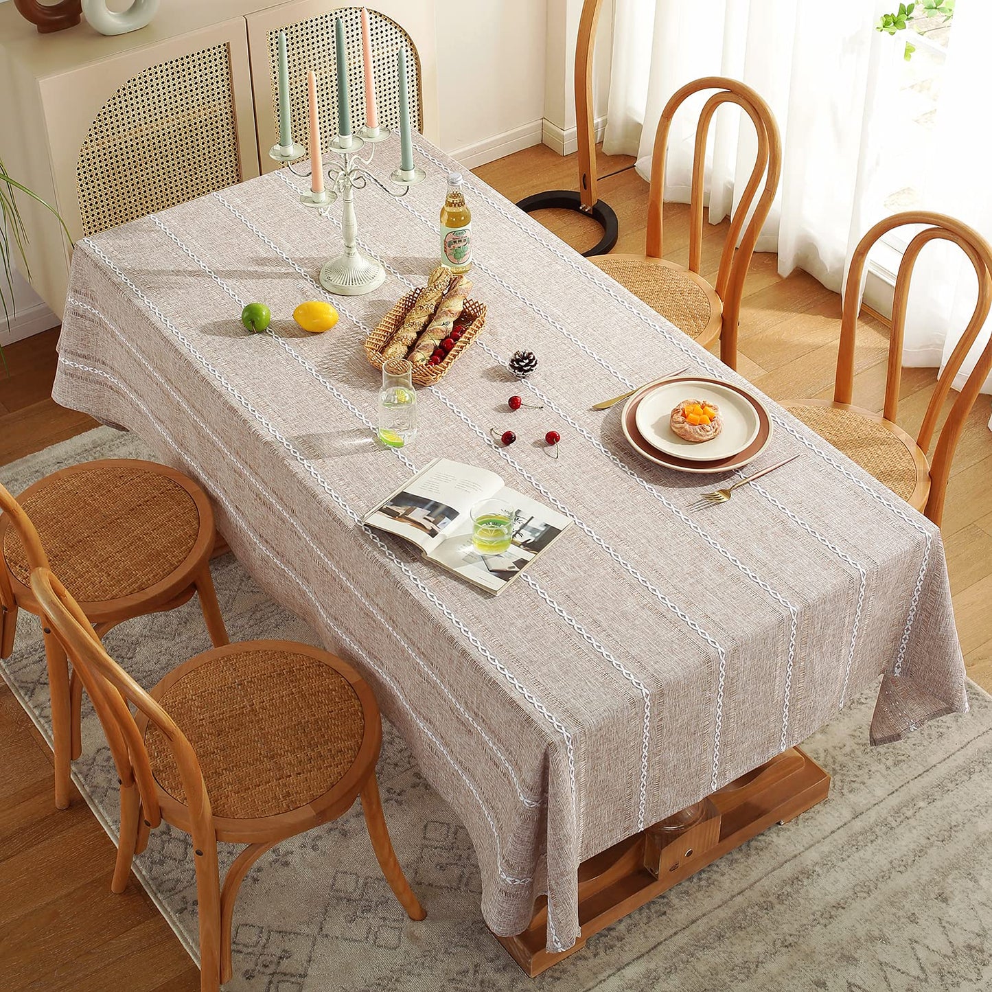 Chassic 60 x 104 inches Farmhouse Style Linen tablecloths, Wrinkle Resistant Washable Dining Room Table Cloths for 6 Foot Rectangle Tables - Hemstitch Light Coffee