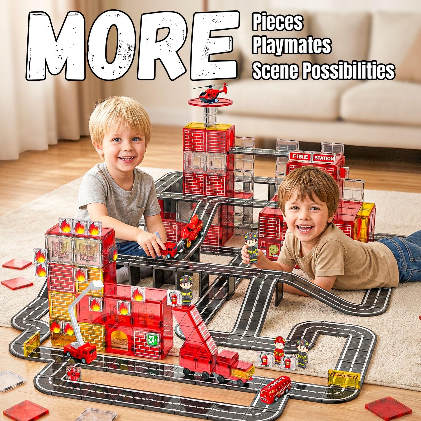 141 Pcs Magnetic Tiles for Kids, Fire Rescue Themed Magnetic Tiles with Fire Station and Fire Rescue Vehicles, STEM Magnetic Tiles for Kids Ages 4-8