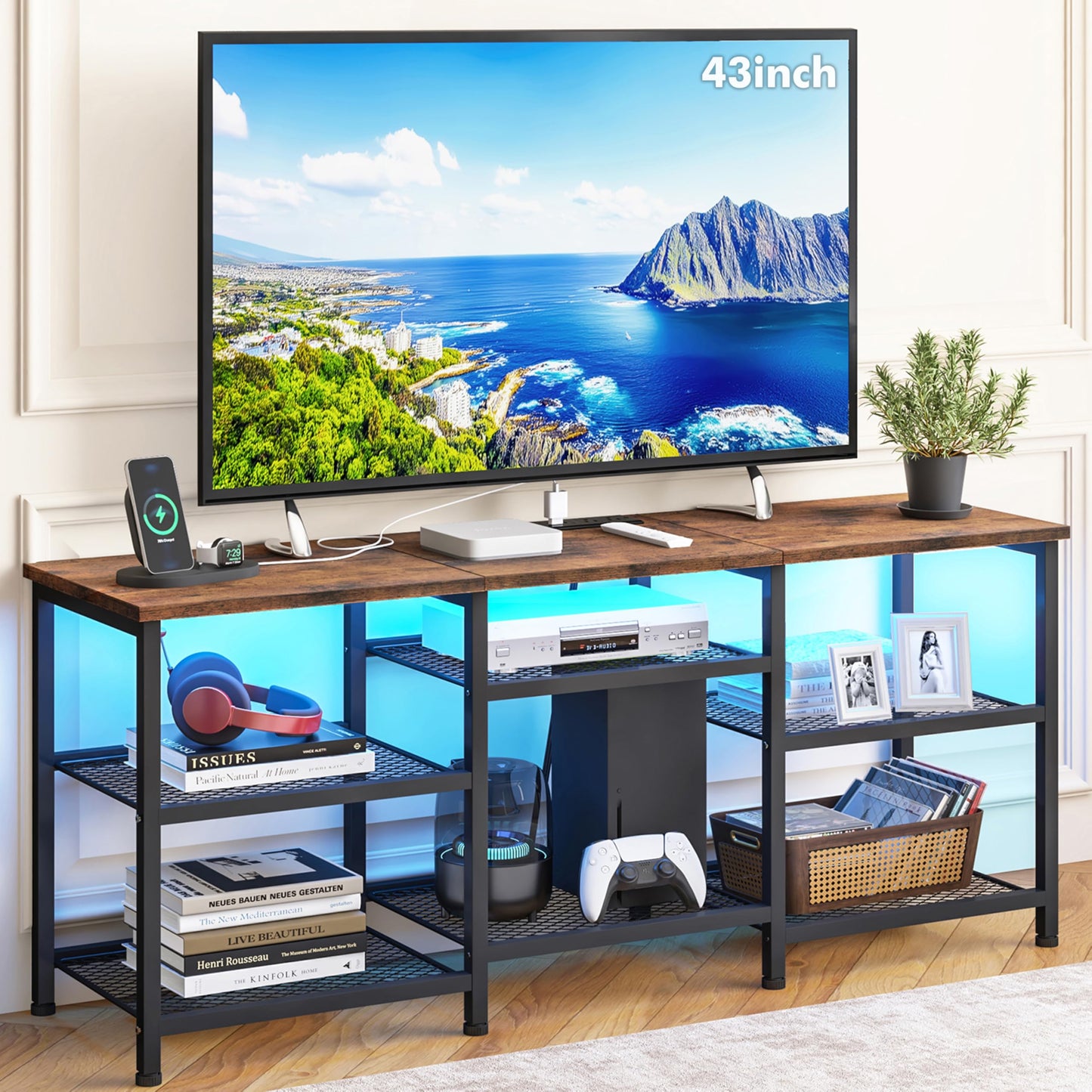 YGEOMER TV Stand for Living Room TVs Up to 55 Inches, Entertainment Center with Power Outlet and LED Lights Open Storage Shelves, TV Console for Bedroom, Rustic Brown