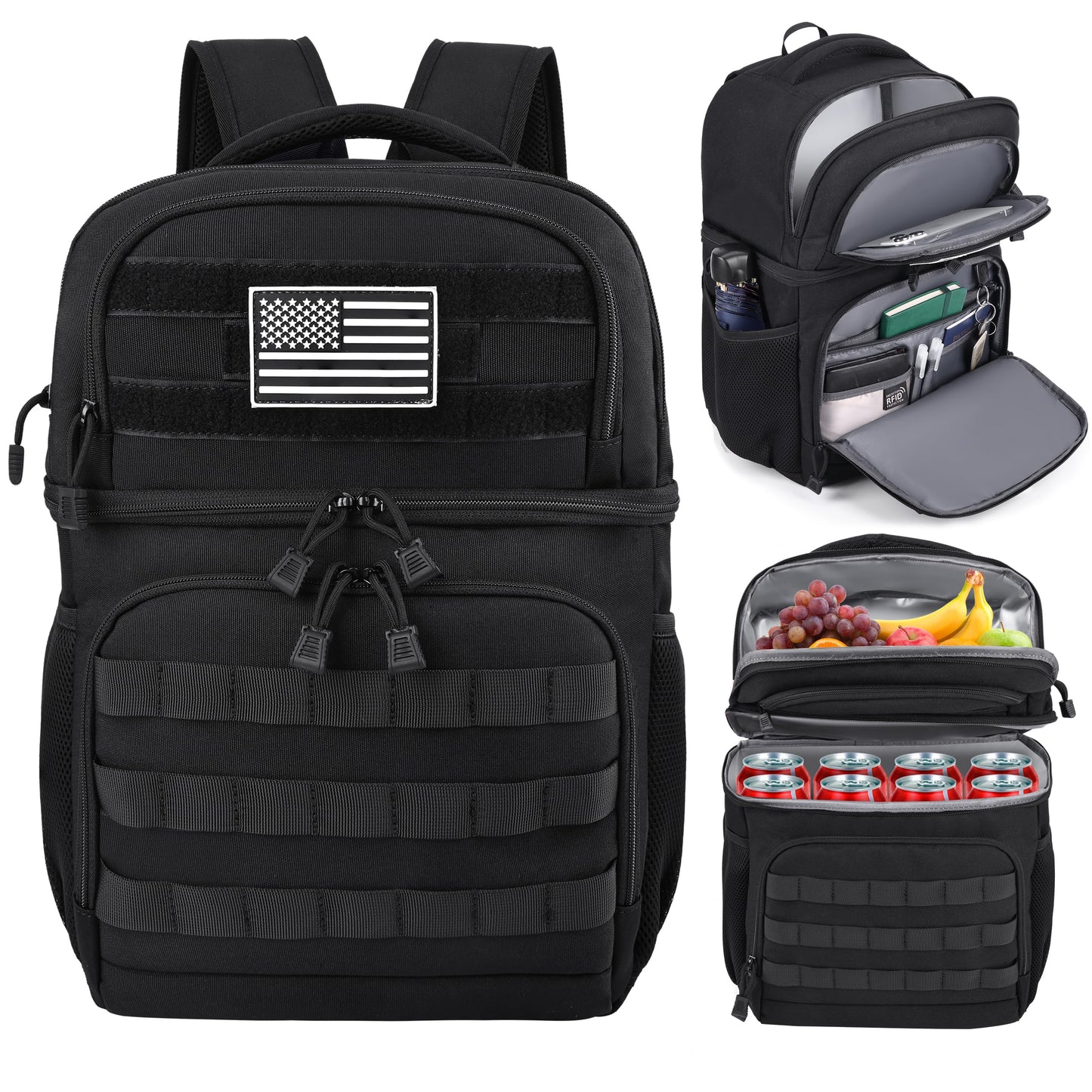 MOZETO Lunch Backpack for Men, Tactical Inspired Double Deck Cooler Backpack Insulated Leakproof RFID Lunchbox for Work
