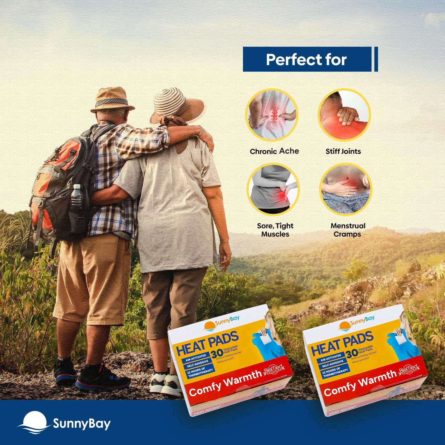 SunnyBay Adhesive Heat Patches for Neck, Knee, and Upper or Lower Back, Air-Activated Heat Pads for Menstrual Cramps, Stiffness, Sprains, and More, Stick to Clothing, 5x3 inches, 60 Count