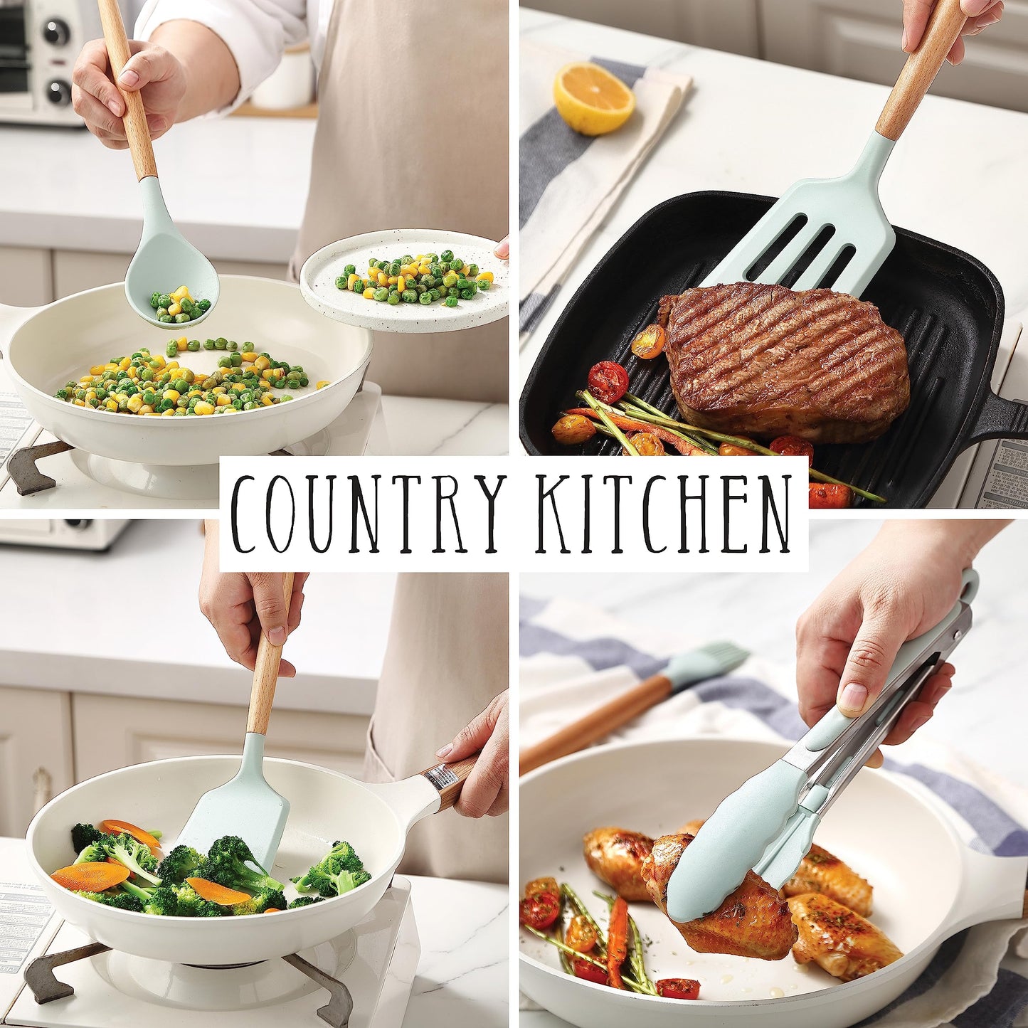Country Kitchen Non Stick Silicone Utensil Set with Rounded Wood Handles for Cooking and Baking, 38 Piece Set, Mint