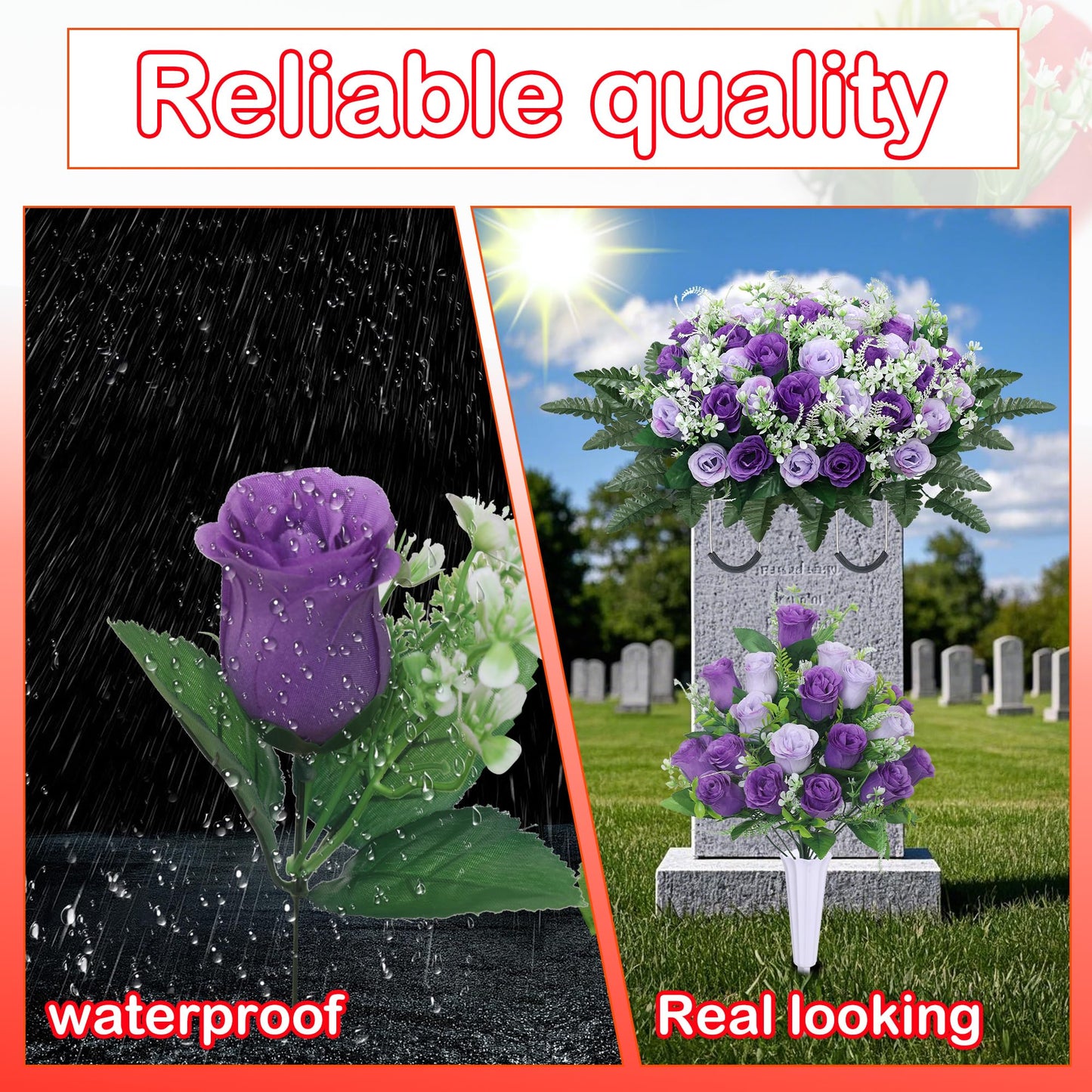 LOSFOTBO 3pcs Headstone Flowers Saddle for Tombstone,Cemetery Flower Memorial Bouquet with Vase,Rose Headstone Flowers Saddle (Purple)