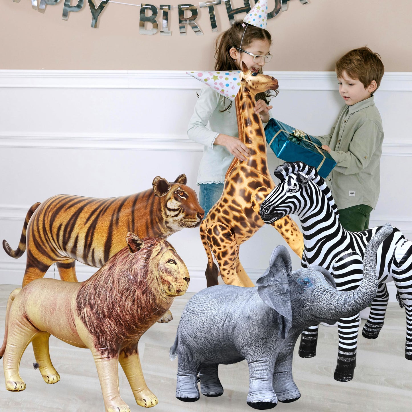 Jet Creations Life on Earth Wildlife Safari Inflatable, 5-PK, Giraffe(36"), Zebra(32"), Elephant(19"), Lion(24"), Tiger(20"), Realistic Animals for Party Decoration, Pool, Birthday, Jungle Photo Prop