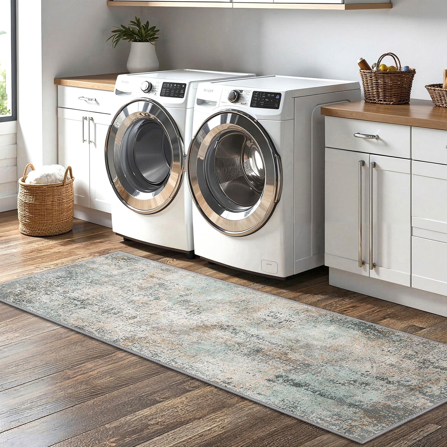 GENIMO Kitchen Rugs Sets of 3 Non Slip Washable Kitchen Mats for Floor, Waterproof Abstract Kitchen Runner Rug, Floor Mat Carpet for Hallway, Laundry, Sink, Entryway, Bathroom, Green&Brown