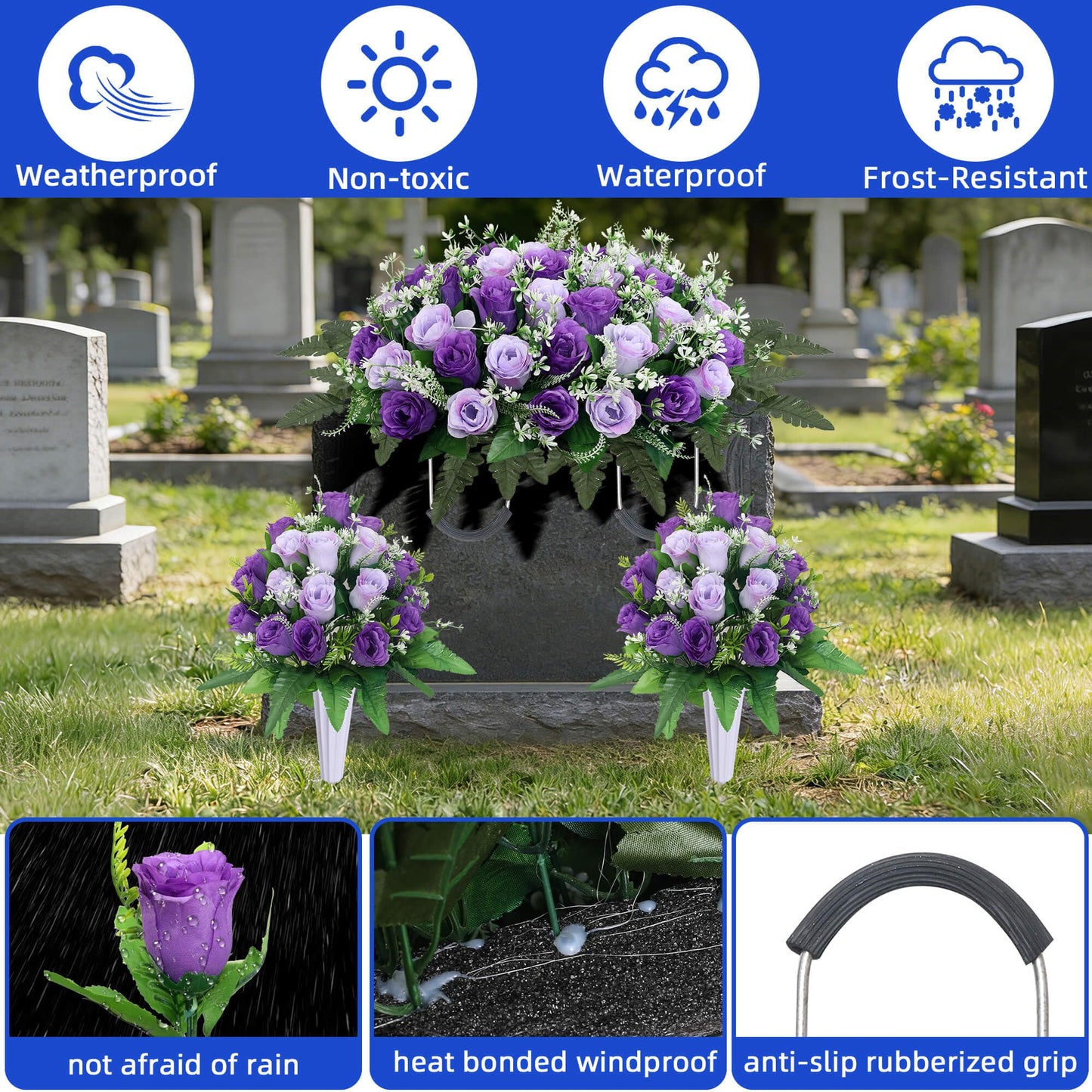 Lodou 3 Sets Cemetery Flowers for Grave,Headstone Flower Saddle,Grave Memorial Flowers with Vase for Cemetery Headstones Decoration(Purple)
