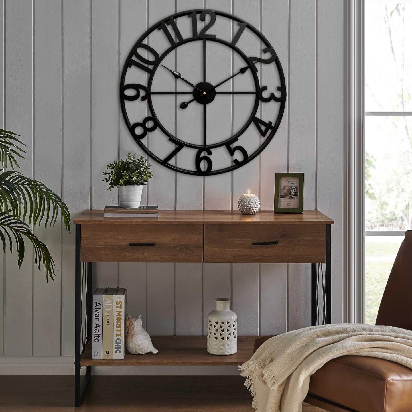 CLXEAST 24 Inch Wall Clocks for Living Room Decor, Large Black Metal Wall Clock Battery Operated, Silent/Non Ticking, Regular Arabic Numeral