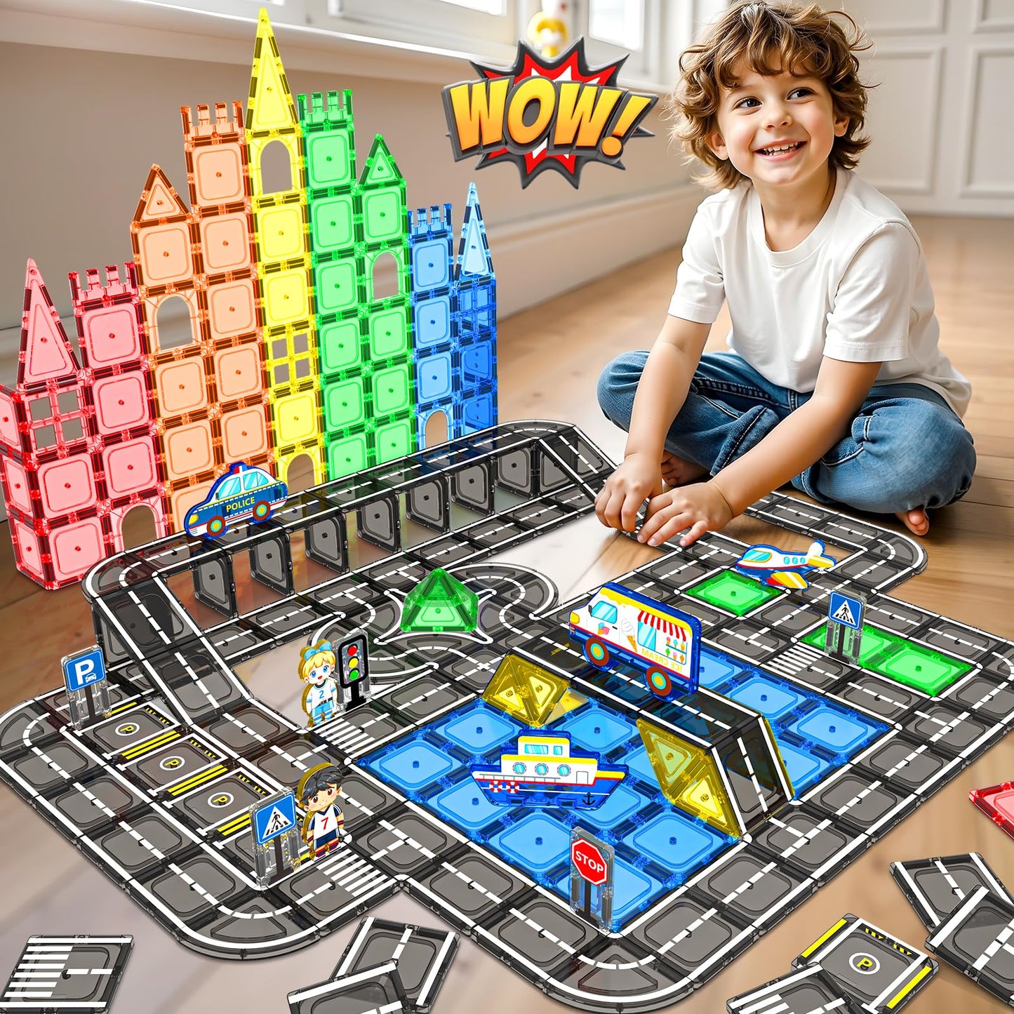 IGIVI 104 PCS Magnetic Tiles Road Set, STEM Magnet Building Blocks for Kids Toddler Toys Games, Christmas Birthday Gifts for 3+ Year Old Boys Girls, Car Enthusiasts and Classroom Must Haves