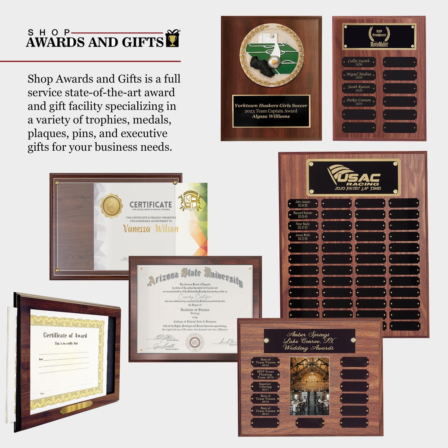 SHOP AWARDS AND GIFTS 9 x 12 Inch Perpetual Plaque Award Multiple Name Plate Board for Employee Appreciation, Recognition, Achievement, Walnut Finish with Black and Gold Header, 12 Name Plates