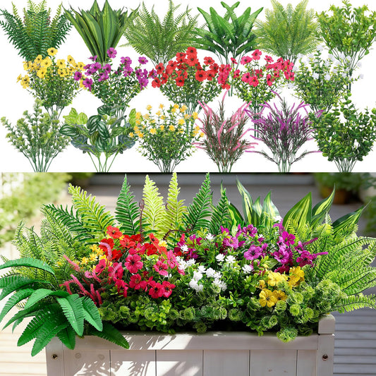 Alupssuc 48 Pcs Artificial Plants Flowers for Outdoors, Realistic Faux UV Resistant Greenery & Silk Flowers,Fake Plastic Shrubs Stems No Fade for Indoor Outside Garden Patio Spring Planter Home Decor