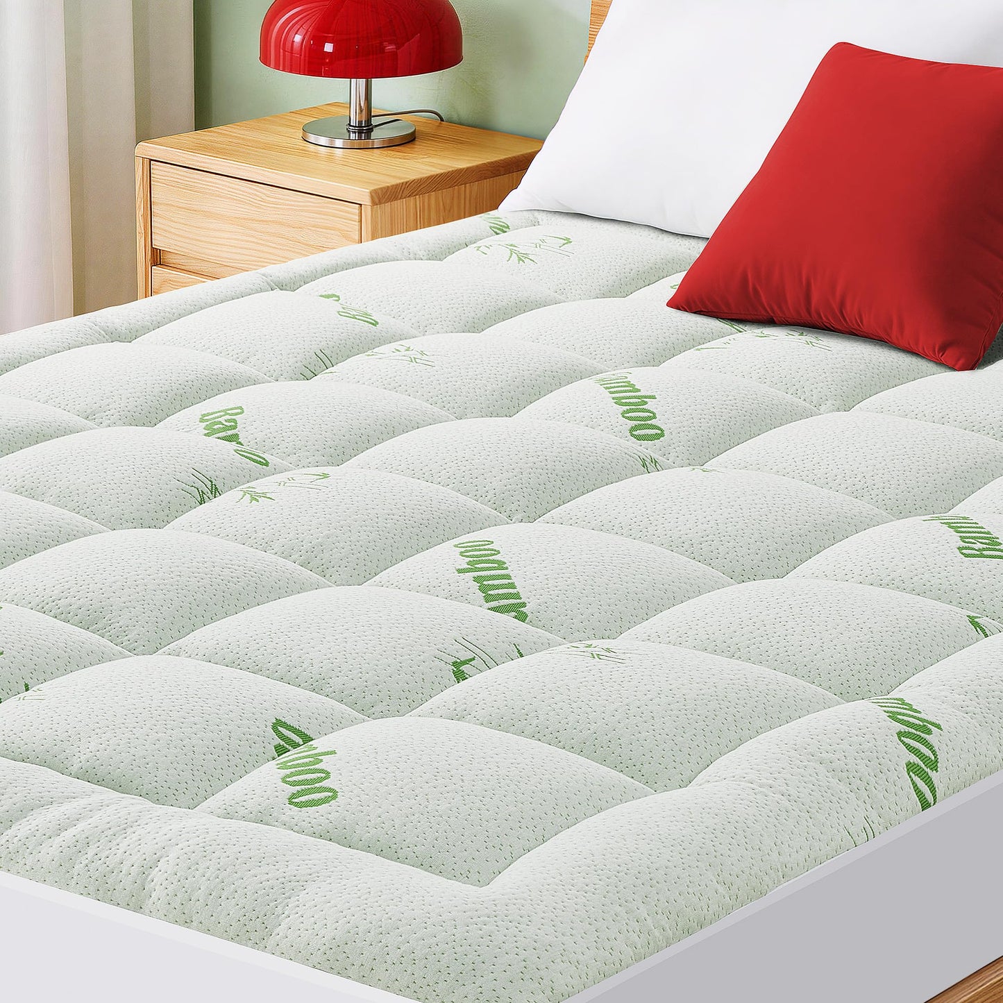 Mattress Pad King Size, Cooling Pillow Top Mattress Topper, Ultra Soft Viscose Made from Bamboo, Breathable for Hot Sleepers, Deep Pocket 8"-20", Green