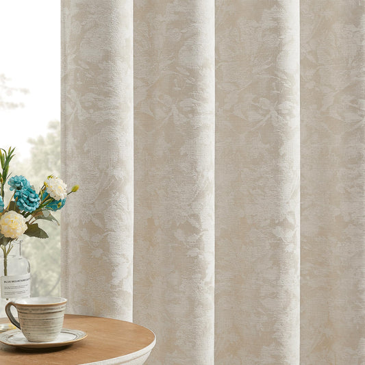 Beauoop Beige Floral Jacquard Blackout Curtains 84 Inches Long 2 Panels for Bedroom Living Room Flower Chenille Room Darkening Thermal Insulated Soundproof Grommet Window Treatments Drapes 52x84x2
