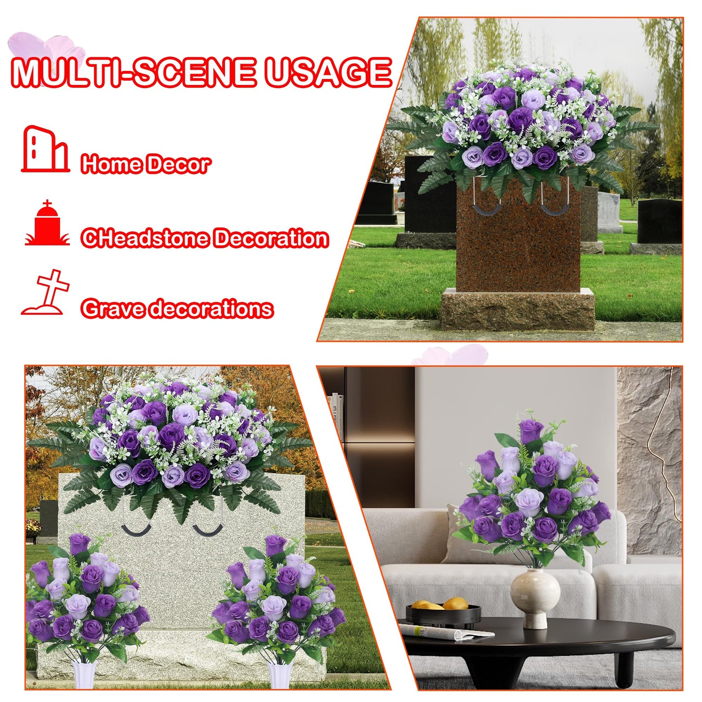 LOSFOTBO 3pcs Headstone Flowers Saddle for Tombstone,Cemetery Flower Memorial Bouquet with Vase,Rose Headstone Flowers Saddle (Purple)