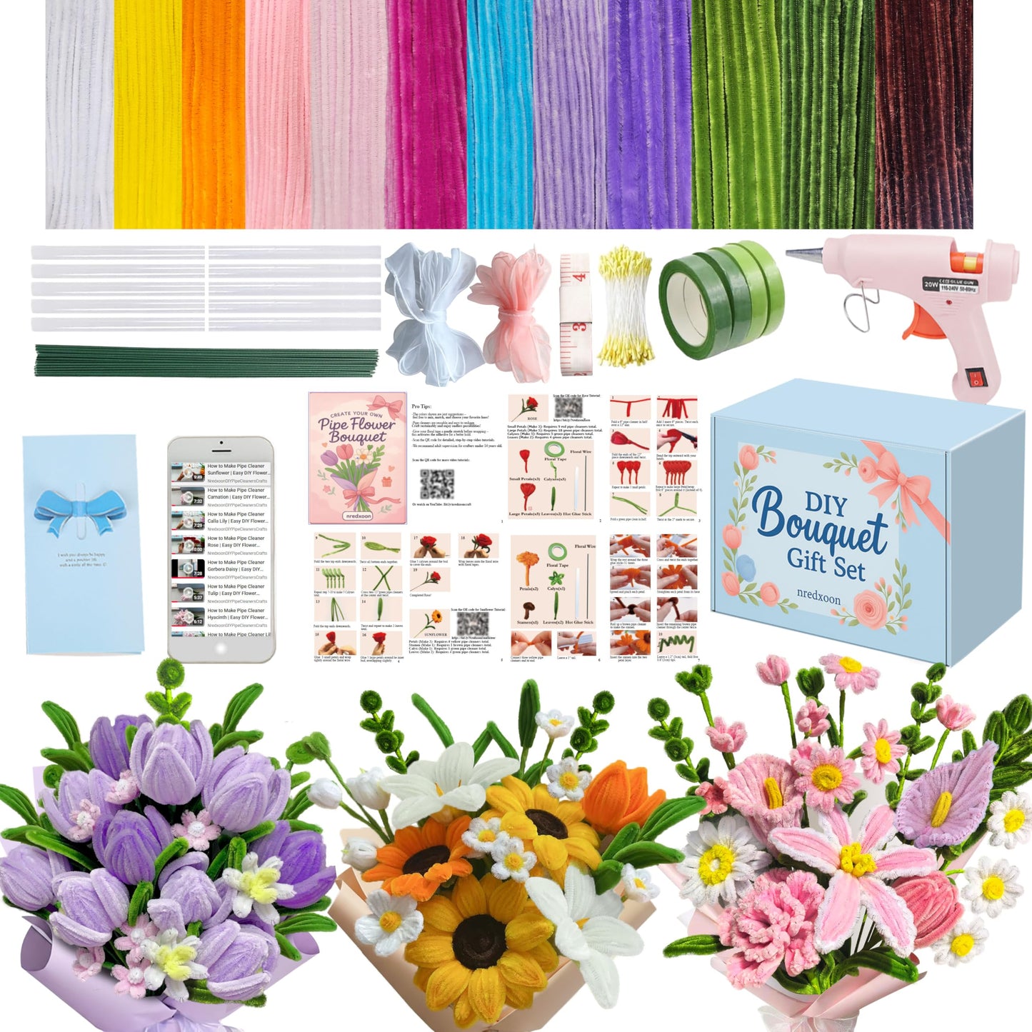 1200Pcs Pipe Cleaner Crafts Flower Kit with Glue Gun & Video Tutorial - 8mm Jumbo Shed-Free Chenille Stems DIY Bouquet Gift Box for Women,Teens,Teachers - Stress Relief,Bonding Time,Art Supplies