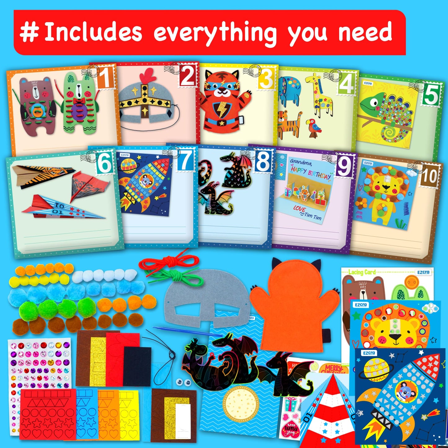 EZCRA Craft Box for Kids Ages 4-8 - 21 Projects in 1 - Arts and Crafts Kits - Complete Activity Set – No Mess Educational Preschool & Homeschool Art Projects - for Girls Boys