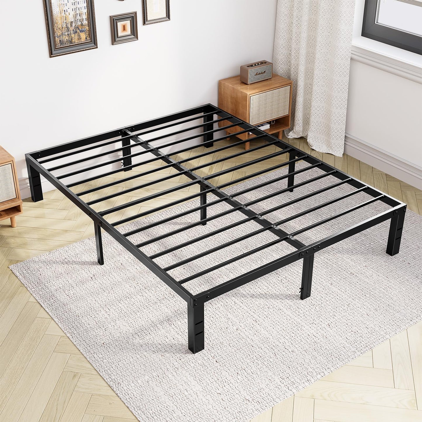 DUMOS Queen Size 14 Inch Bed Frame - Metal Platform Bed Frame Mattress Foundation with Steel Slat Support, No Box Spring Needed, Storage Space Under Base, Easy Assembly, Black